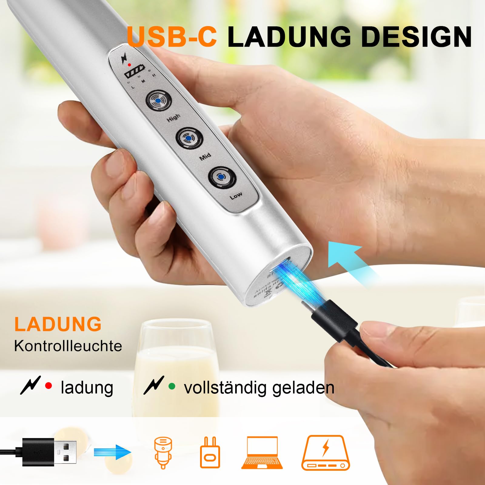 YUSWKO Milchaufschäumer Stab für Kaffee, Usb Wiederaufladbarer Aufschäumer, 3 Schneebesen-Köpfe 3 Geschwindigkeiten, Milchaufschäumer Elektrisch für Milchkaffee, Cappuccino, Getränkepulver