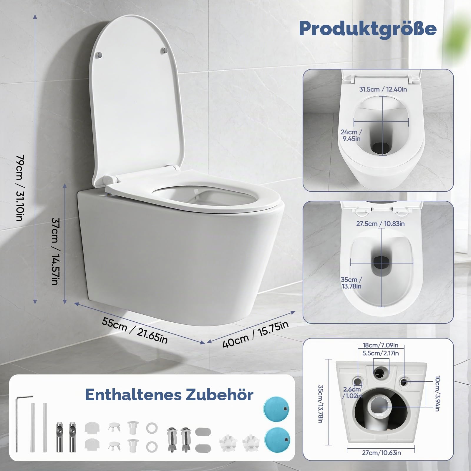 Wand WC für moderne Badezimmer, Gäste WC, inklusive WC-Becken mit Soft-Close-Sitz, Schnellverschluss, geräuscharmer Wandmontage