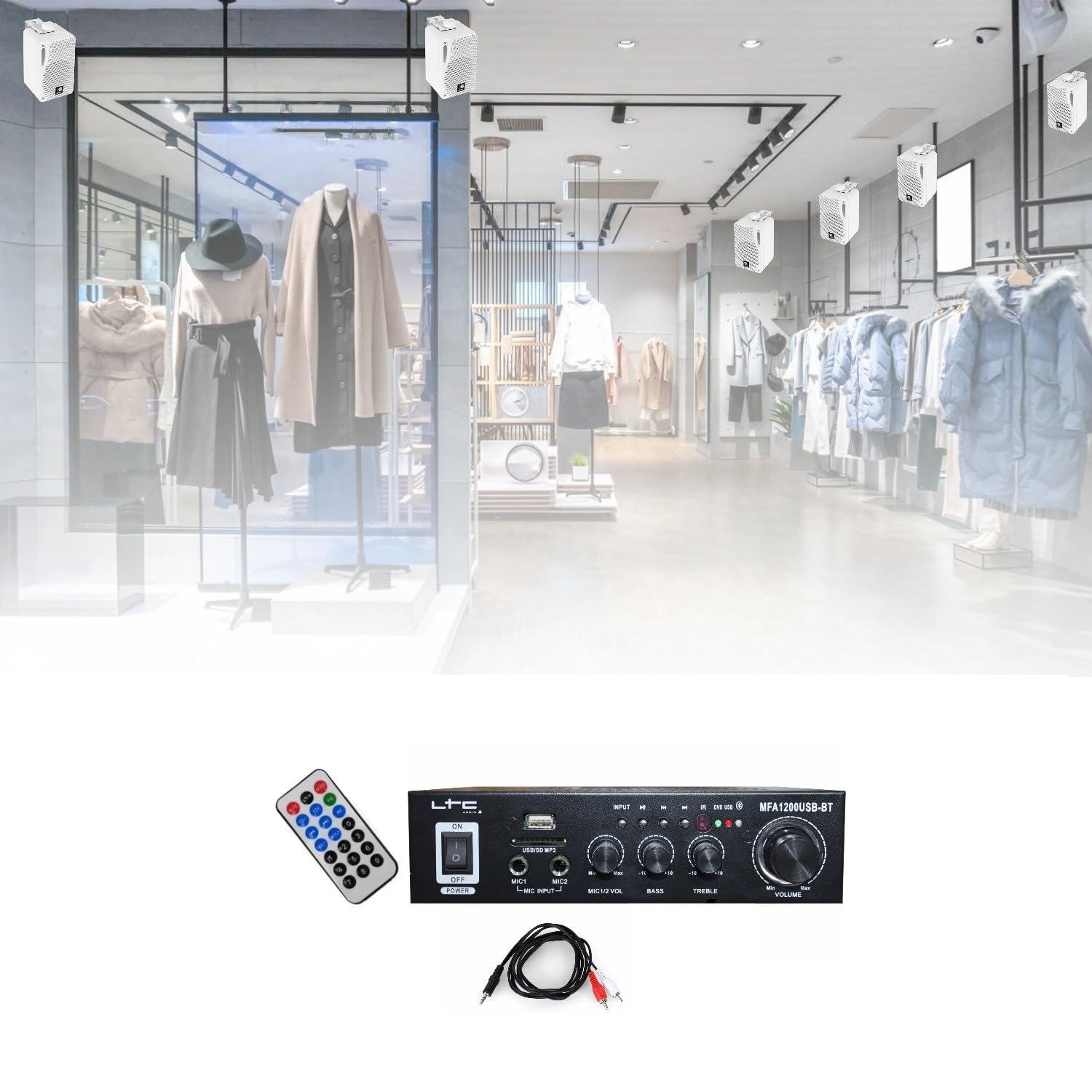 LTC - Pack HiFi Ampli Bluetooth Stéréo USB SD MFA1200USB-BT-BL 2x50W - 4 Paires Mini Enceintes B416 Blanches 80W - Restaurant Commerce