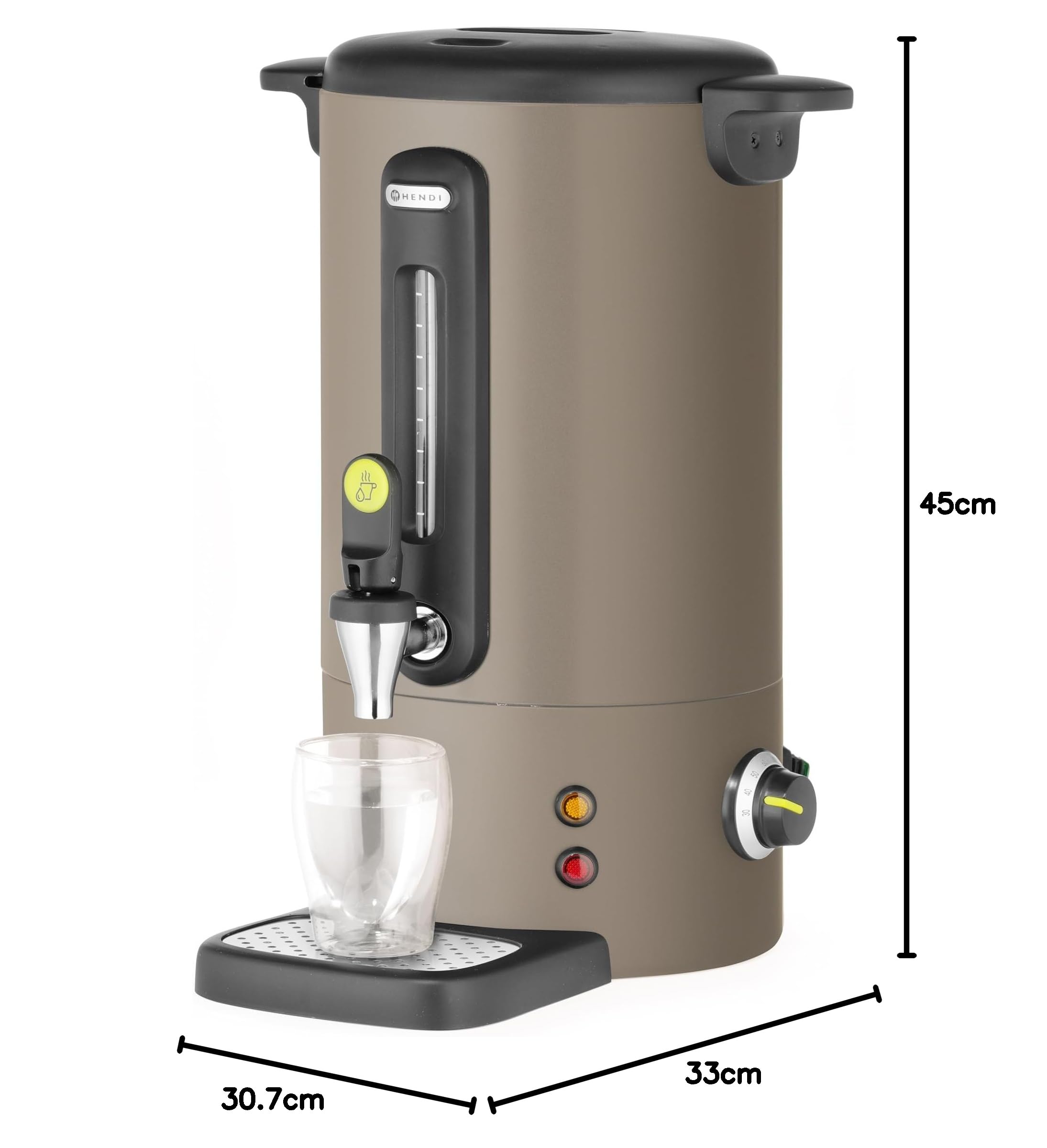 HENDI Bollitore per bevande calde 9L UNIQ, dispenser acqua calda con parete singola, per vin brulè e acqua bollente, fino a 100°C, 230V, 50/60Hz, 950W, 307x330x(H)450mm, grigio tortora, Inox, PP