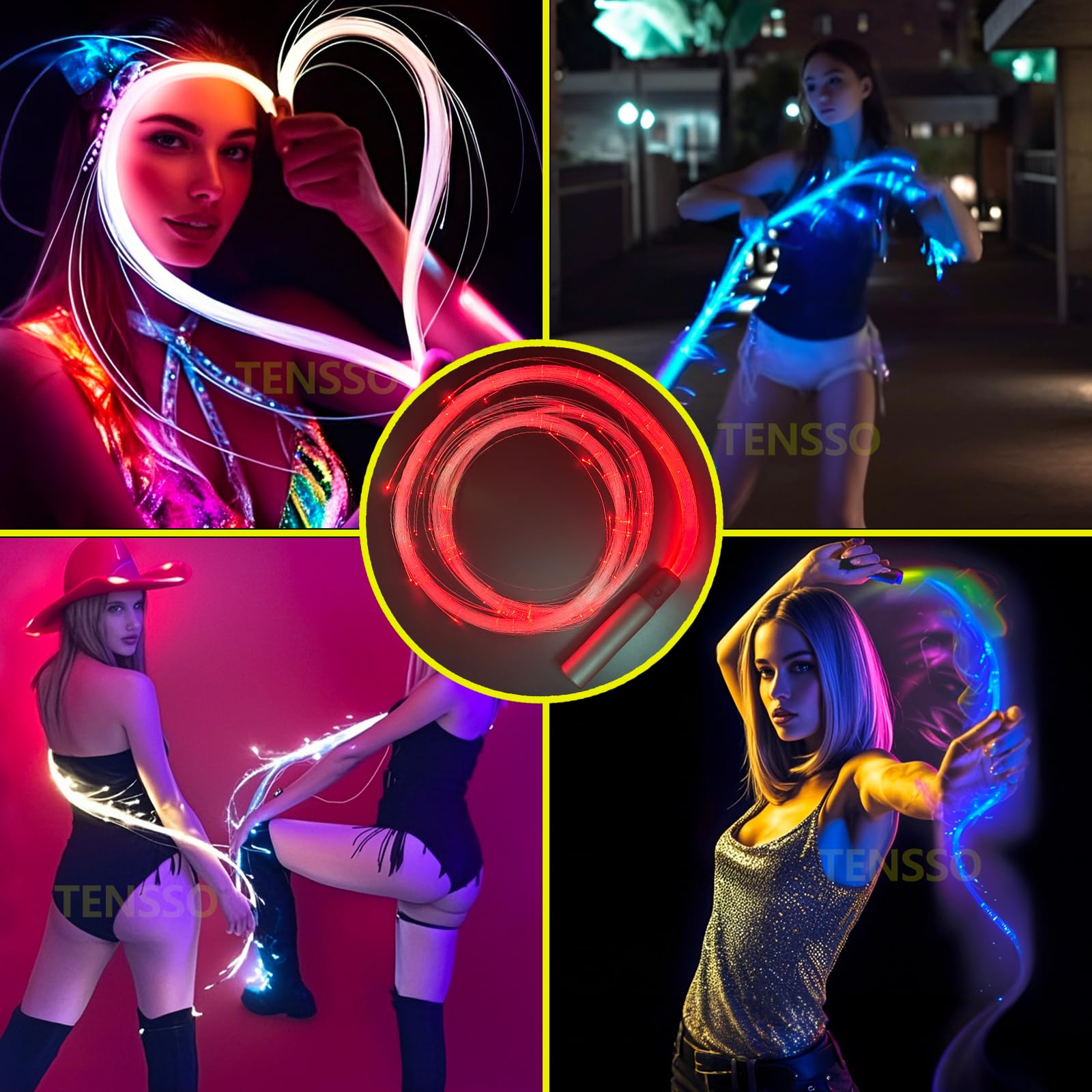 Tensso - Frusta a fibra ottica a LED, 1,8 m, ricaricabile, con 7 colori e 5 modalità di illuminazione, accessorio per danza, feste, regalo