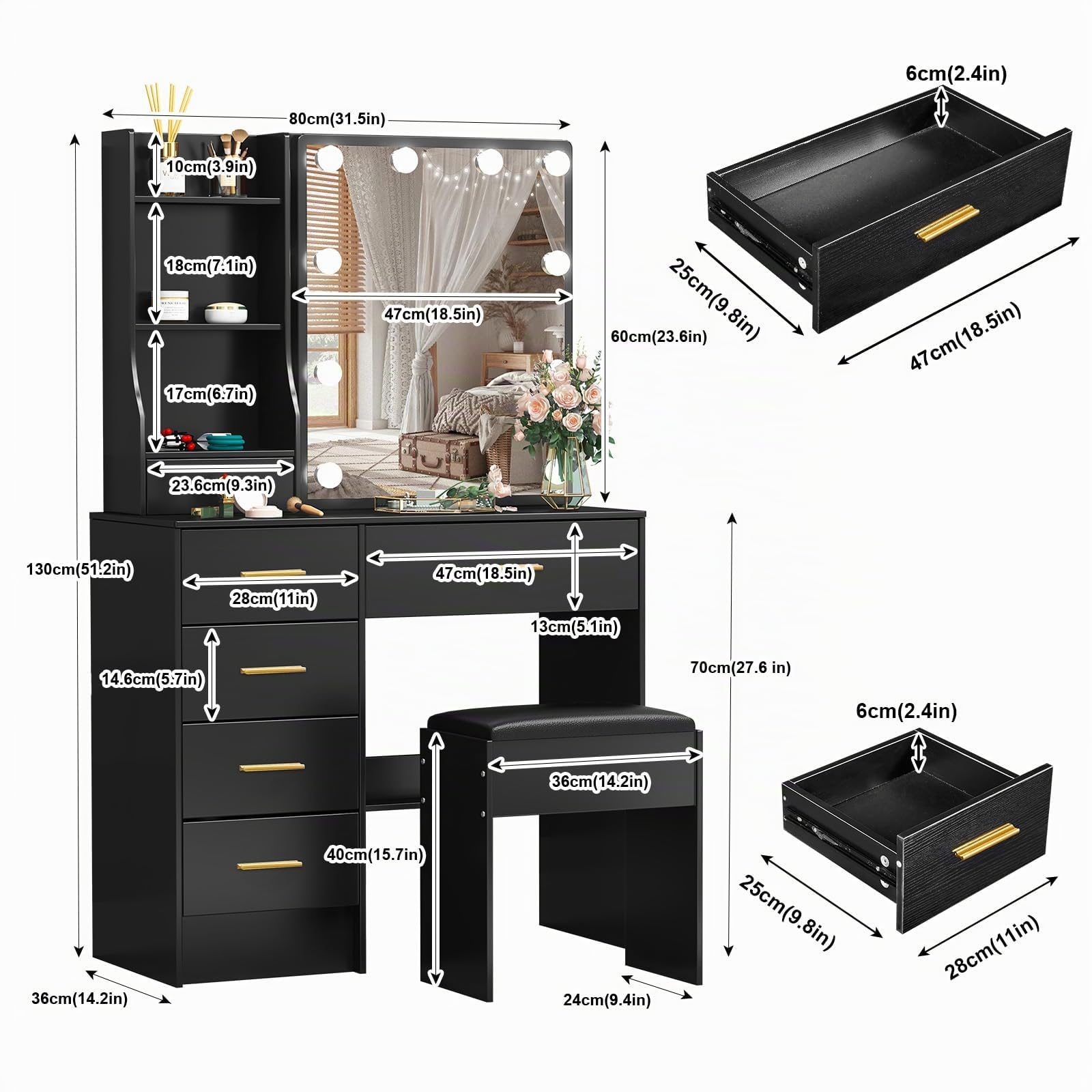 Toeletta da Trucco con Specchio Scorrevole e Sgabello, Scrivania Make Up Ampia con Luci Dimmerabili e Guida Video, Postazione Trucco con 6 Cassetti e 6 Ripiani, Nero, 36×80×131 cm, J328
