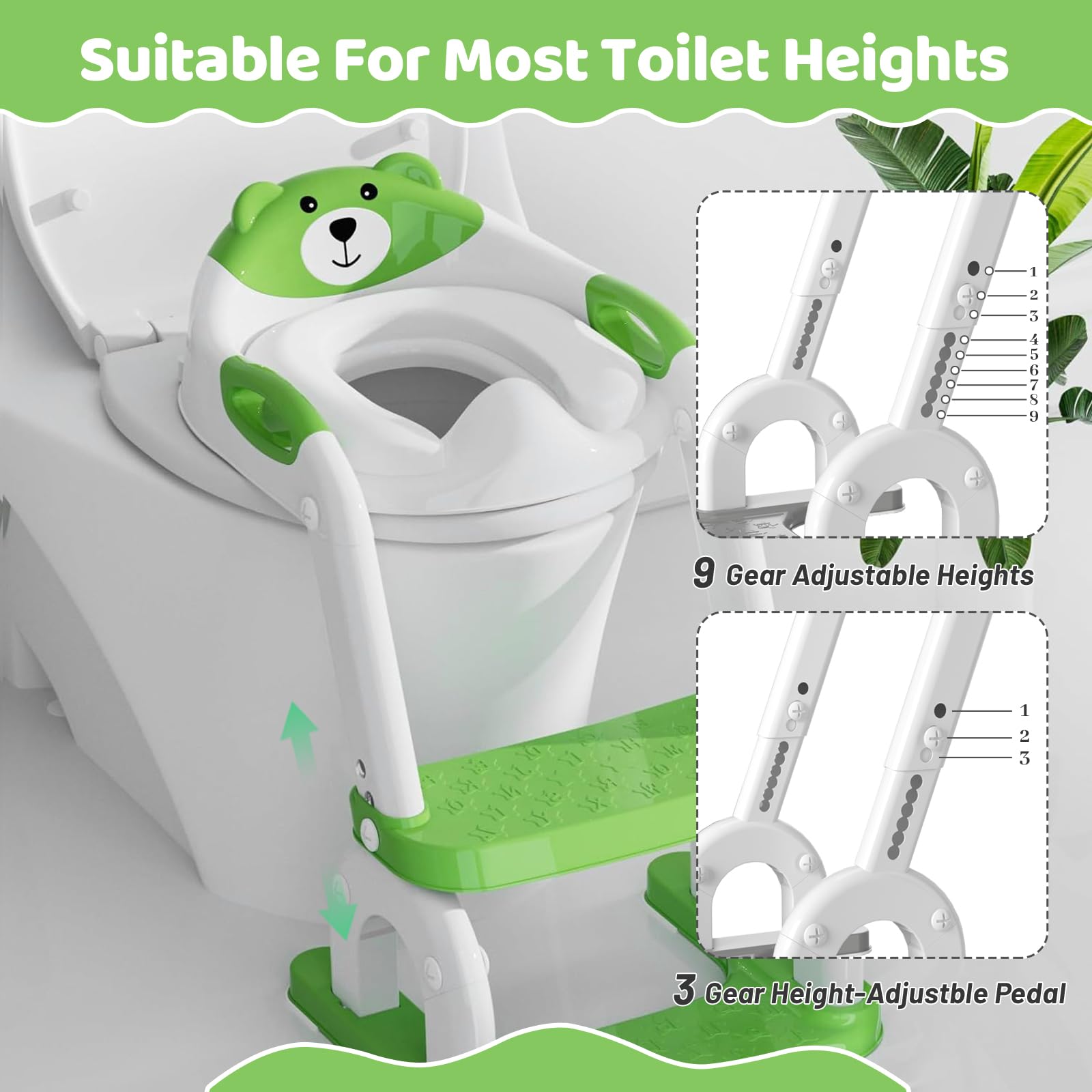Réducteur Toilette Enfant 2-en-1, Rehausseur WC Pliable Réglable avec Escalier Antidérapant, Coussin PU Confortable, Adapté aux Toilettes V/O/U, Apprentissage Propreté pour Enfants 1-6 Ans (Vert)