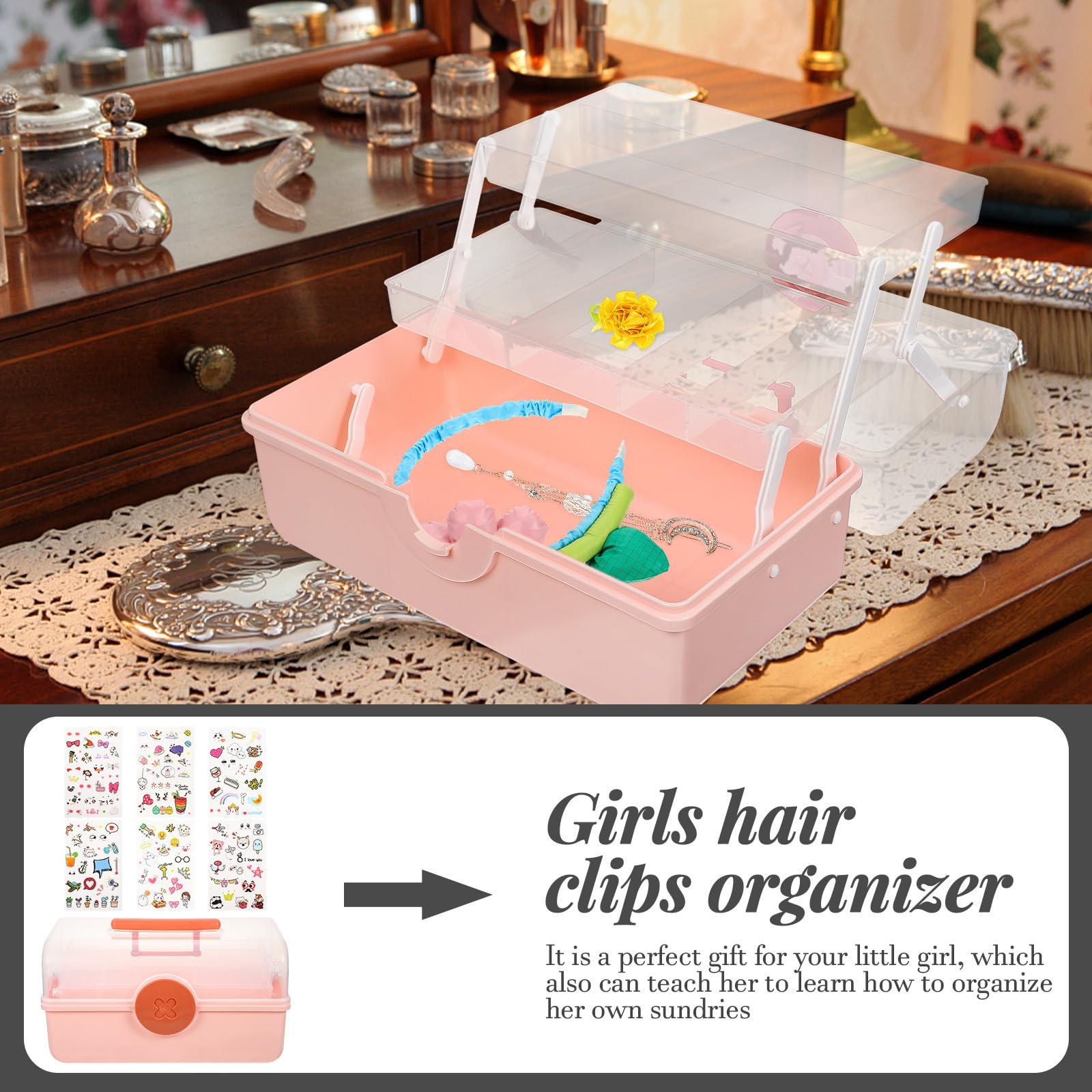 FOMIYES Mehrlagige Aufbewahrungsbox für Haaraccessoires Mädchen Schmuckkästchen aus Kunststoff Mehrschichtig Rosa Aufbewahrung für Haarspangen und Haargummis Am Schreibtisch