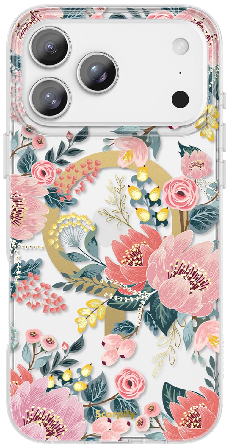 SCORPIFY for iPhone 17 Pro Case [Compatible with MagSafe] with Pink Epiphyllum Floral Design, Cute Clear Flower Magnetic Phone Cover for Women Girls, Slim Bumper with Gold Accents