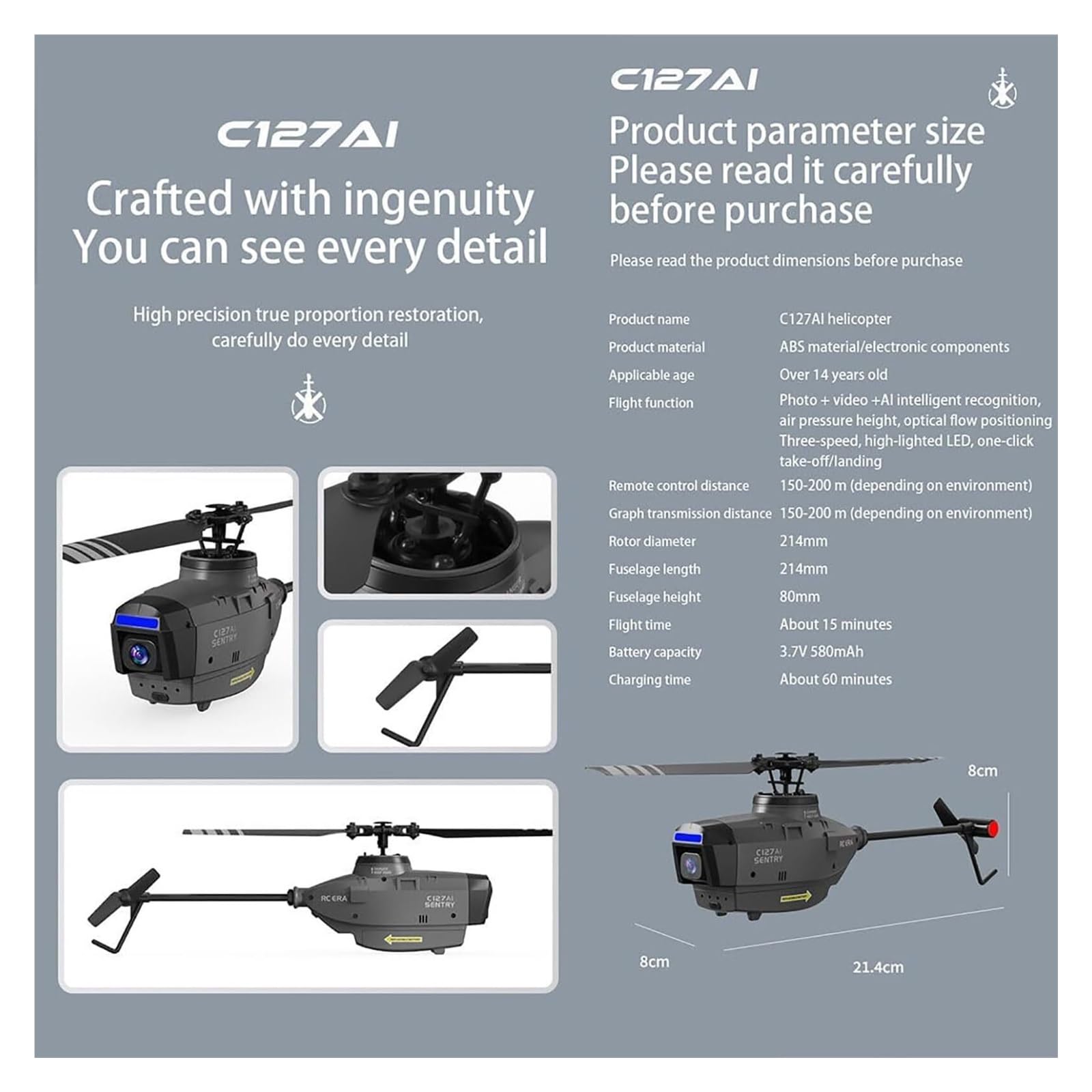 Elicottero RC Scout C127AI con Telecamera 1080P, Modello di Elicottero brushless monorotore 2.4G 4CH Senza alettoni, velivolo telecomandato con giroscopio a 6 Assi(Gray,Dual Batteries)