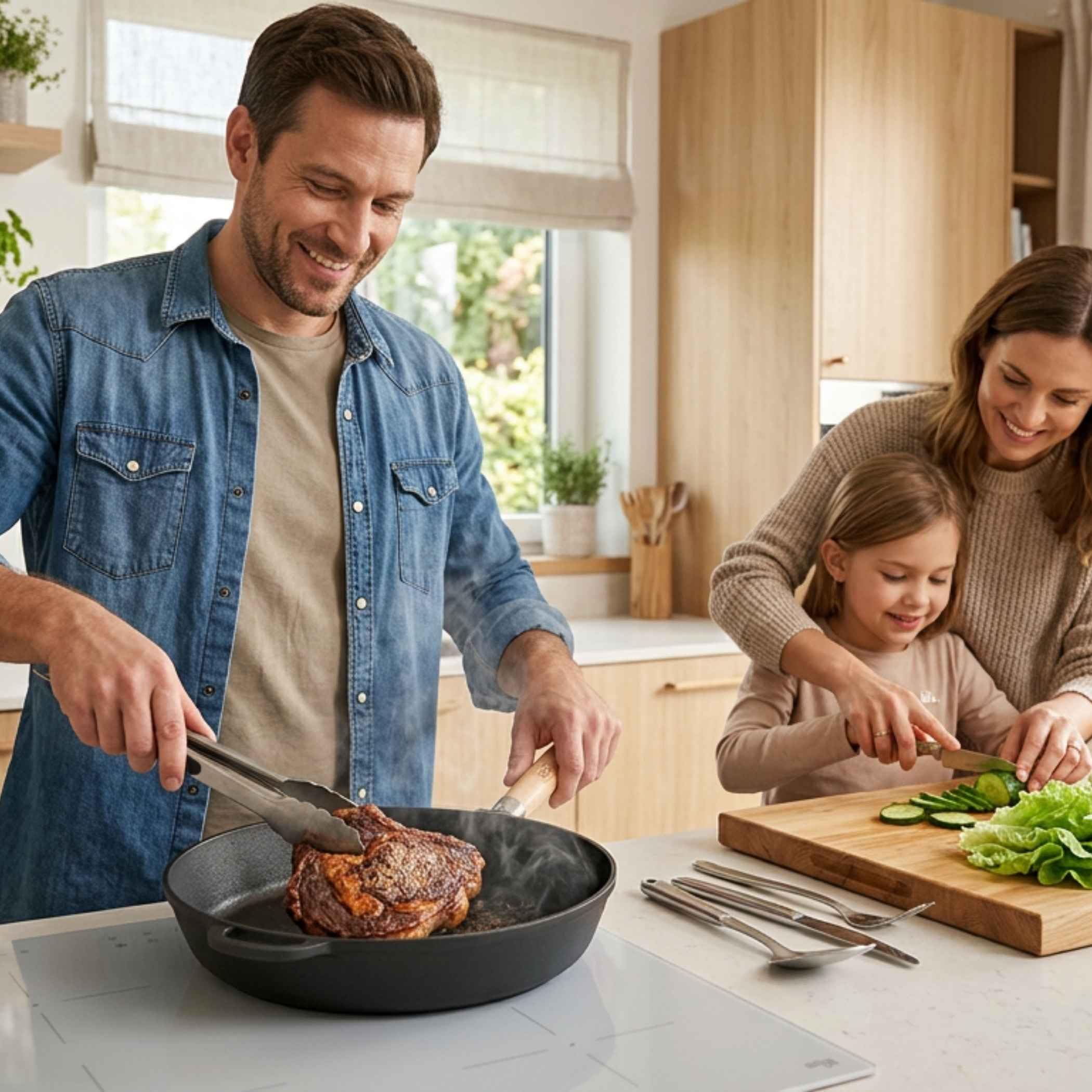 Premium Gusseisenpfanne Induktion 28 cm Pfanne Gusseisen UNBESCHICHTET sandgestrahlt universell Cast Iron Pan für alle Herdarten kratzfest Bratpfanne backofenfest Gusspfanne Eisenpfanne