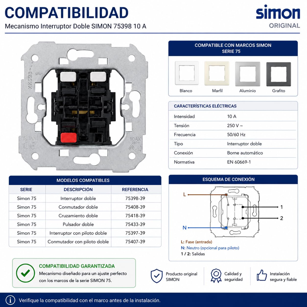 CABLEPELADO Grupo de 2 interruptores | Mecanismo Doble Interruptor | 10 AX 250V | con sistema de emborronamiento rápido | Apto para series Simon 75, 82 y 88