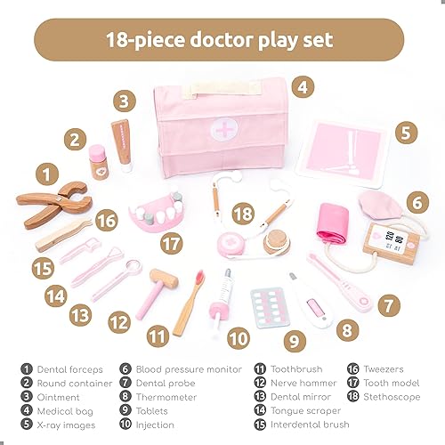 Miniatura 5 de UMU Kit de Médico de Madera para Niños  Juego de 18 piezas de Médico y Dentista para Niños Pequeños con Estetoscopio, Jeringa, Modelo de Diente y