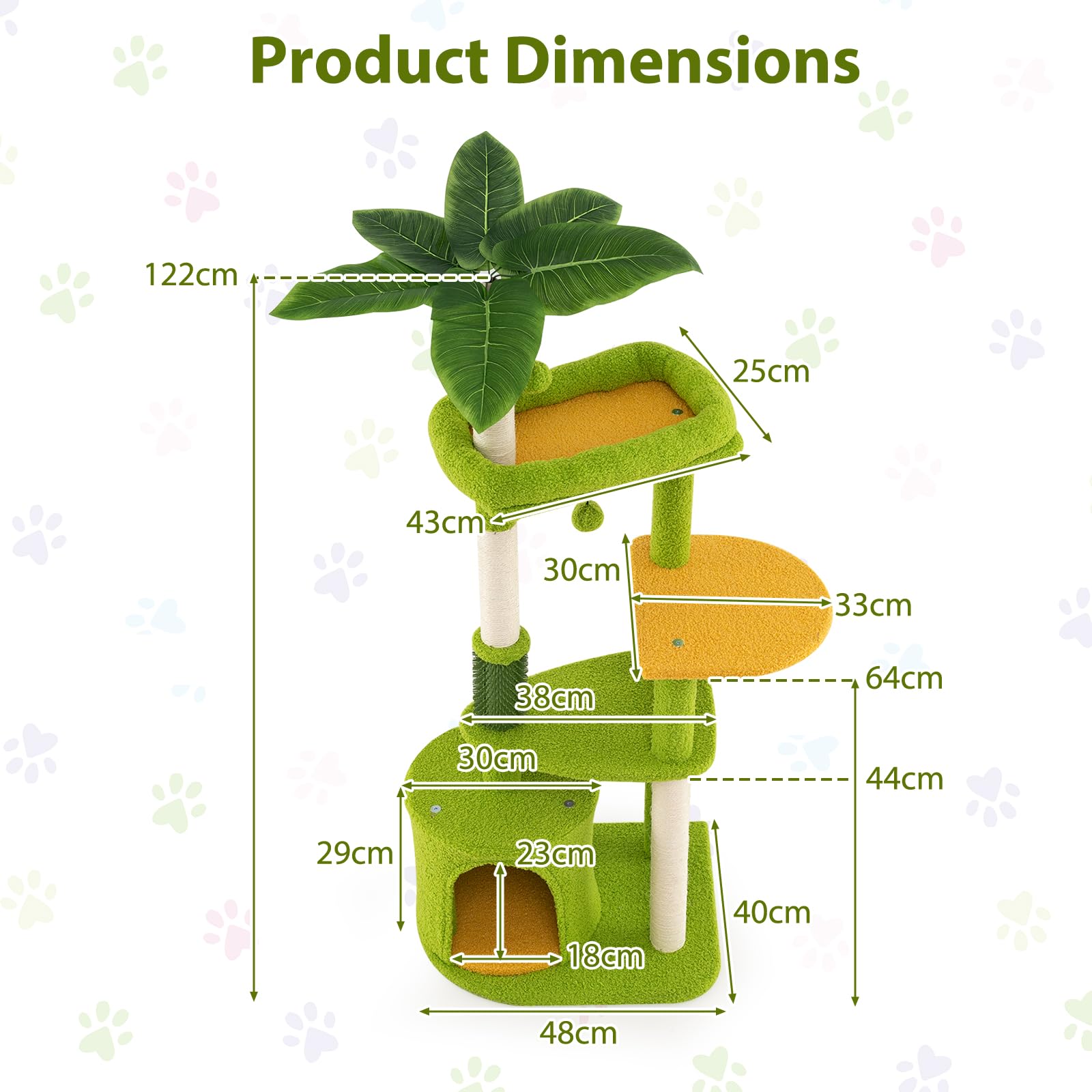 GYMAX Kratzbaum 122 cm hoch, Katzenbaum mit Katzenhöhle, Aussichtsplattform, Katzenbürste, Sisal-Kratzpfosten & Ball, Katzenmöbel mit künstlichen Blättern für Kätzchen bis zu 10 kg, Grün