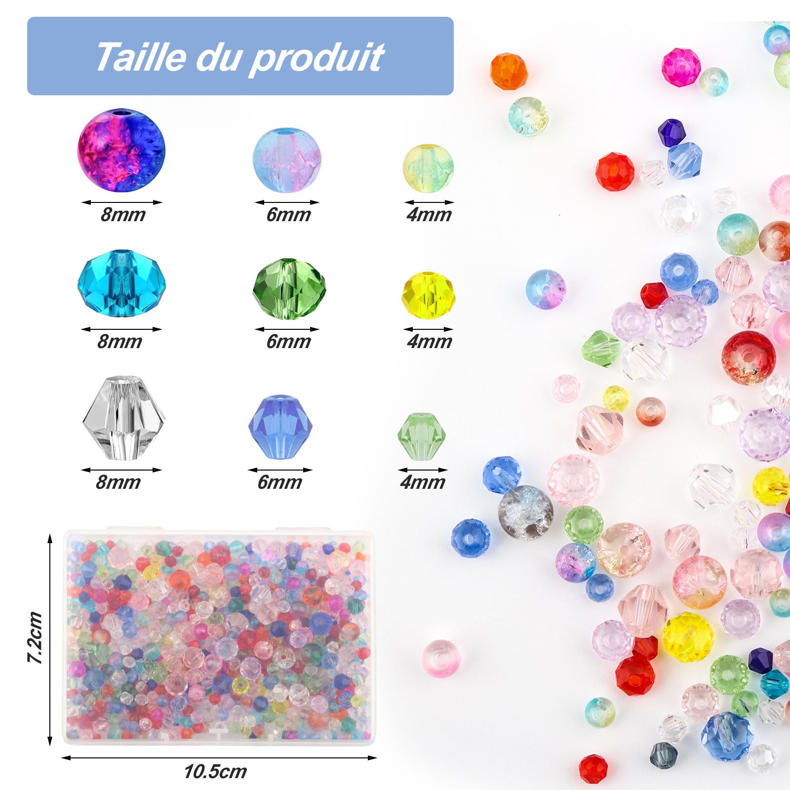 600 Perles Verre Cristal Brillant 4/6/8 Mm - Ronde Craquelée & Facettée - Mélange Couleurs - Idéal Bijoux & Artisanat