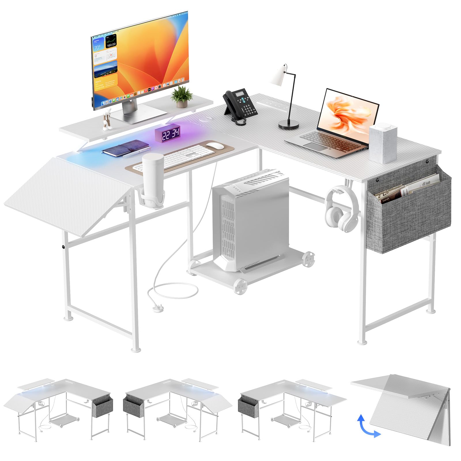 L Shaped Computer Desk with Folding Desk Extender Tray & Power Outlet,White