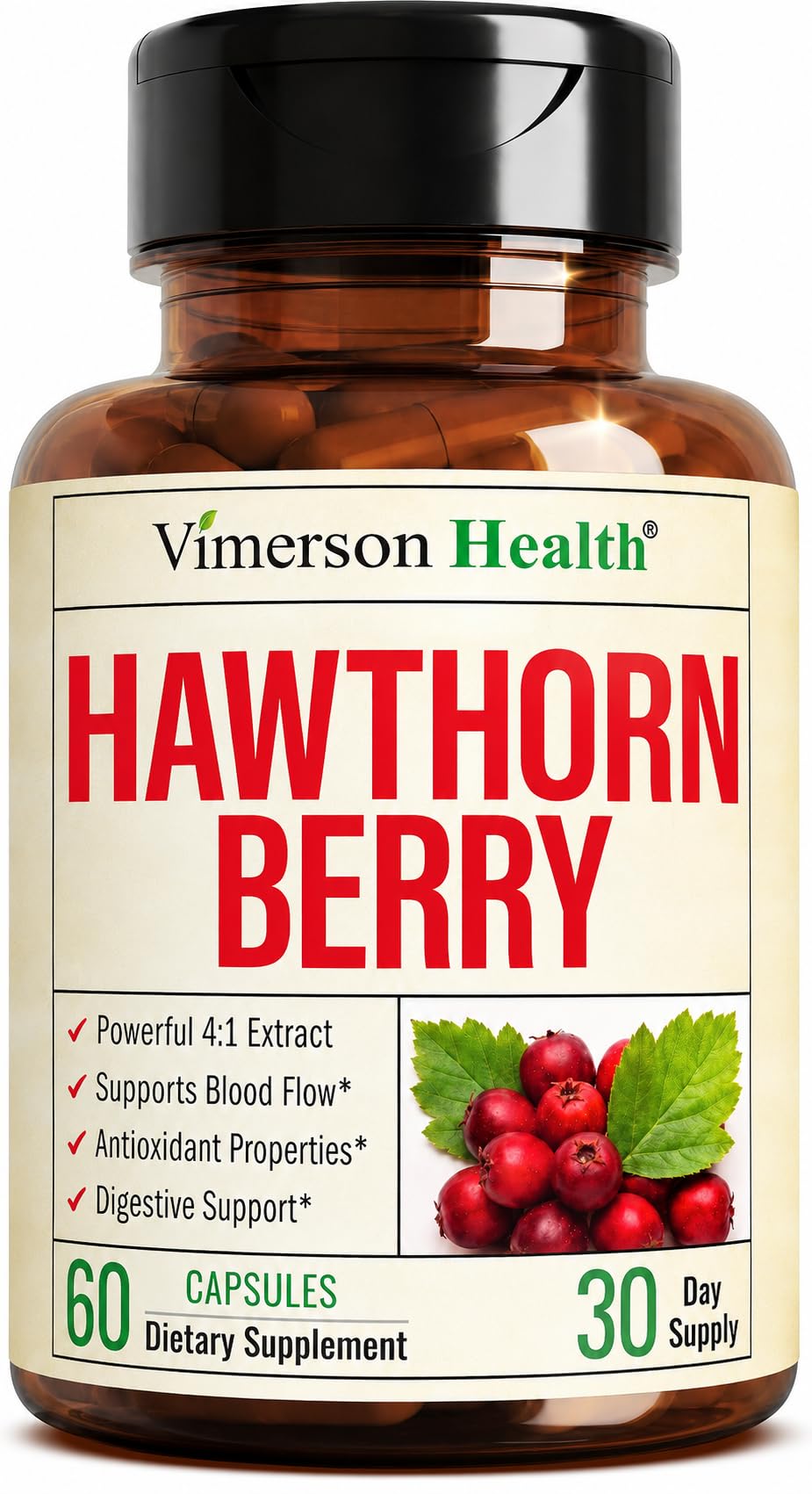 Hawthorn Berry Extract 1330mg Supplement – 4:1 Full Spectrum Leaf Flower Berry – Heart Health & Healthy Blood Pressure Support – 60 Capsules 30-Day Supply