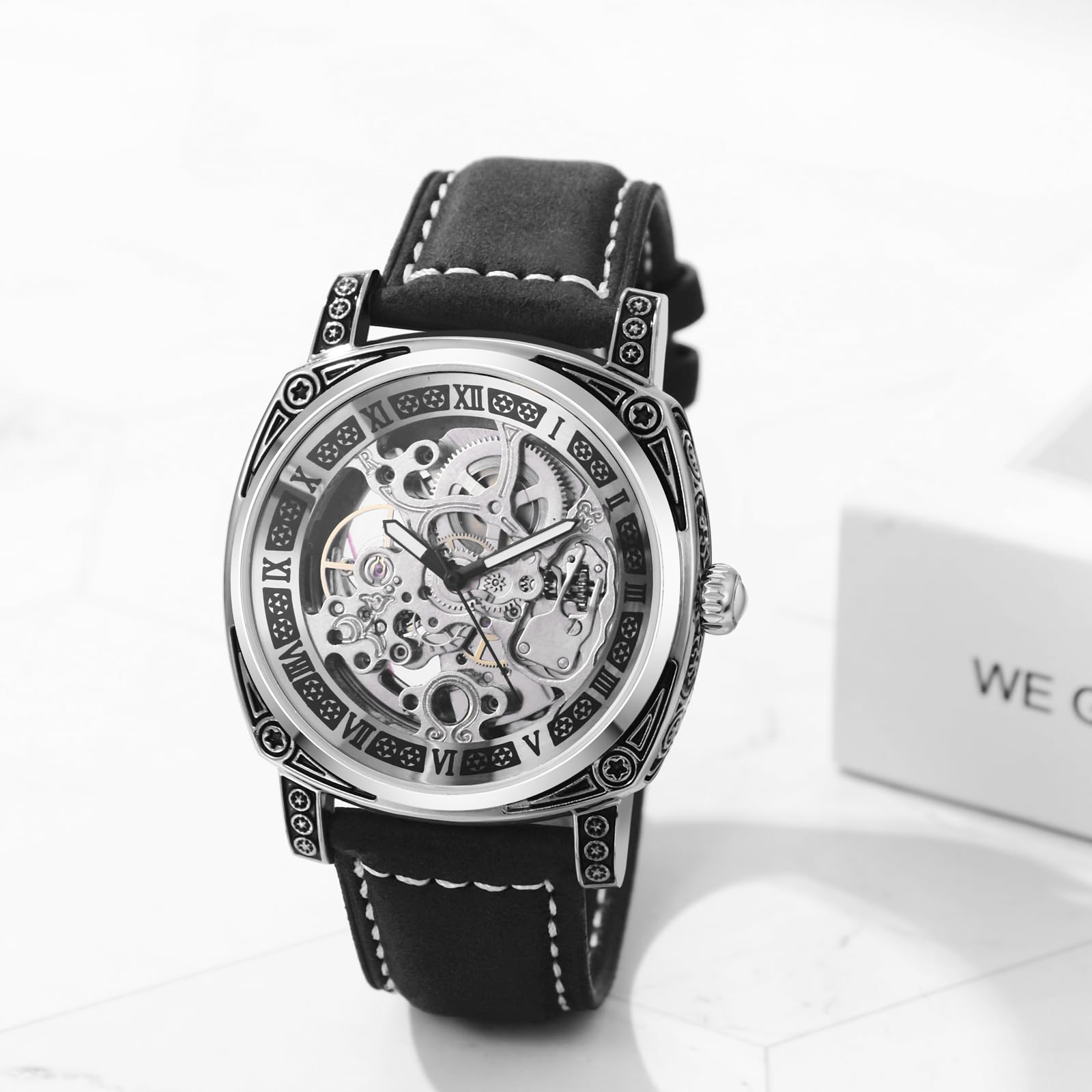 JewelryWe Zegarek męski Steampunk zegarek automatyczny ze skórzanym paskiem: Vintage automatyczny mechaniczny zegarek na rękę męski czarny skóra naturalna bransoletka rzymskie cyfry szkielet zegarek z