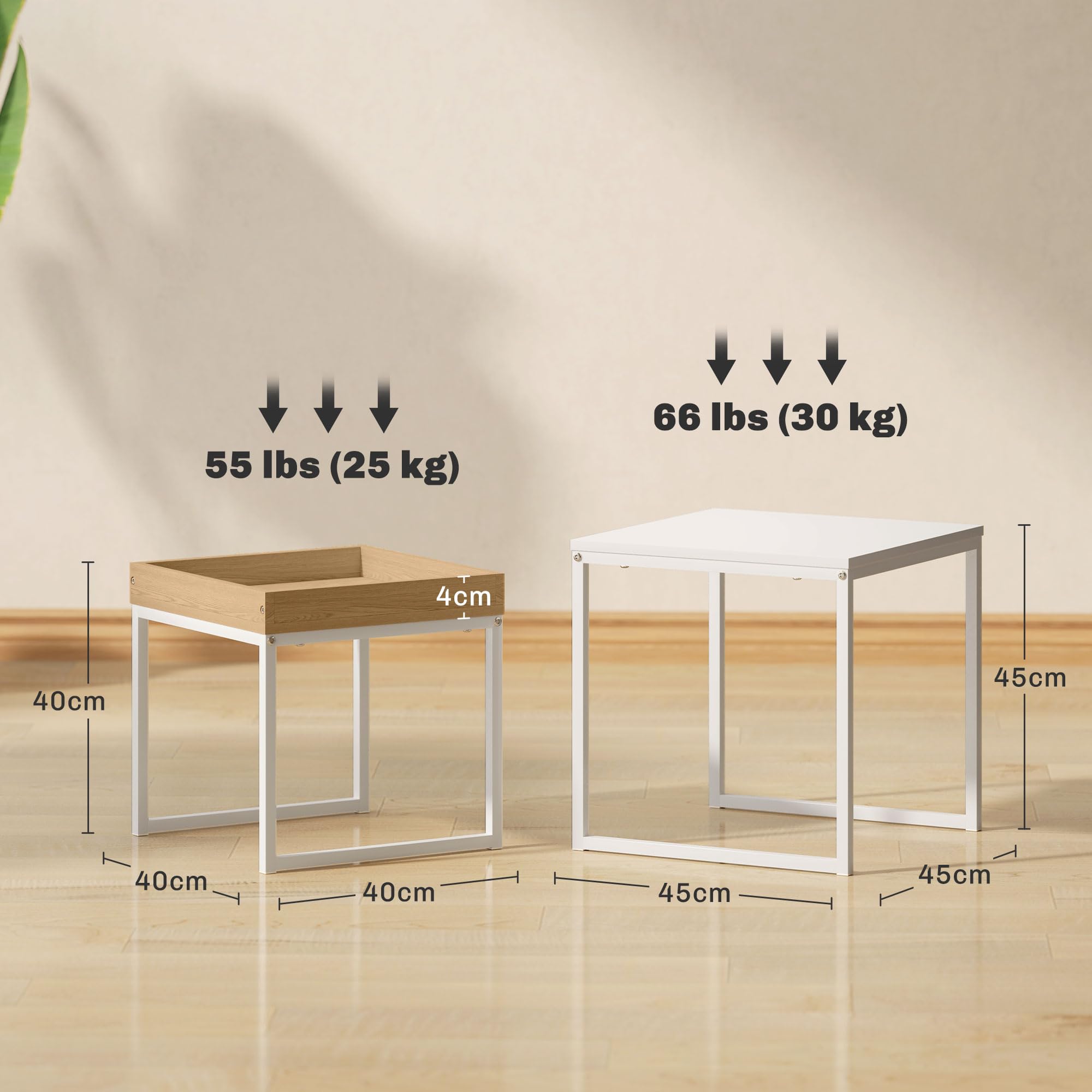 HOMCOM Lot de 2 Tables Basses Gigognes Carrées, Tables Gigognes de Salon avec Cadre en Acier, pour Salon, Chambre, Petit Espace, Style Moderne, Blanc