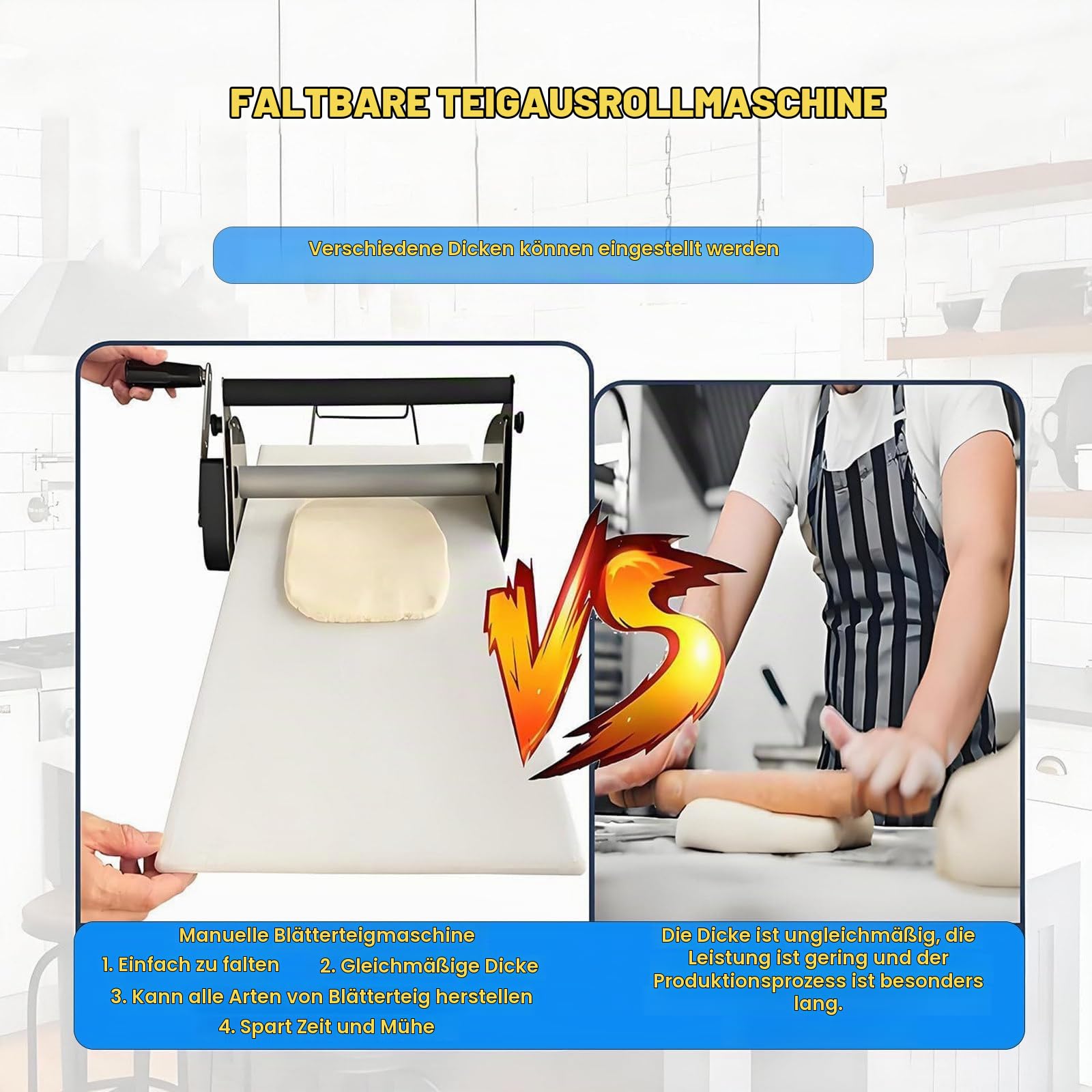 Teigrolle mit Einstellbarer Teigstärke, Faltbare Teigrolle mit Ausrollbrett, Manuelle Teigrolles für Pizza,Croissants,Gebäck und Fondant,für den Gewerblichen und Privaten Gebrauch, 300 mm Breit
