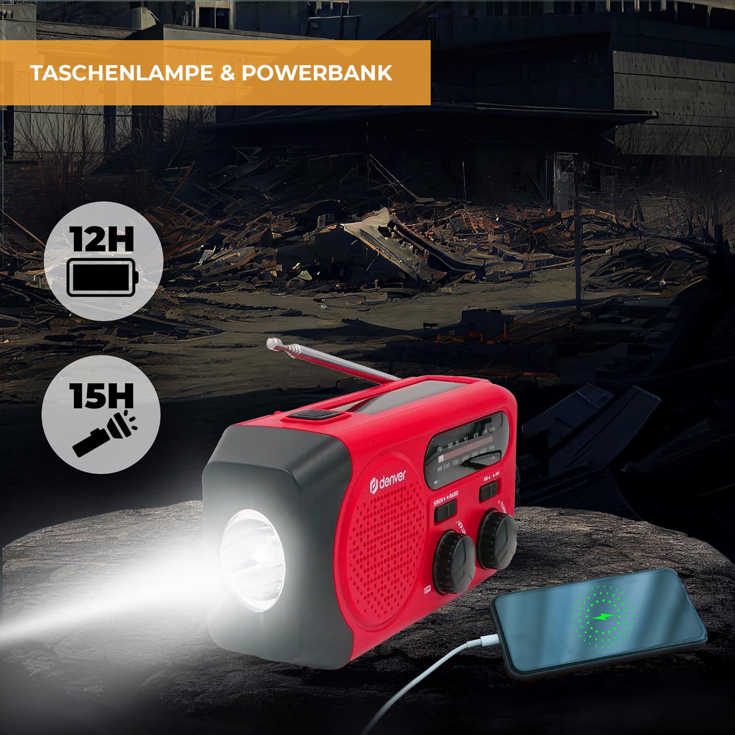 Denver SCR-2010MK2 Kurbelradio Notfallradio Solar – AM/FM Weltempfänger mit Handkurbel - Solarpanel - 2000mAh Powerbank - LED Taschenlampe & SOS – Radio für Notfall - Camping & Outdoor