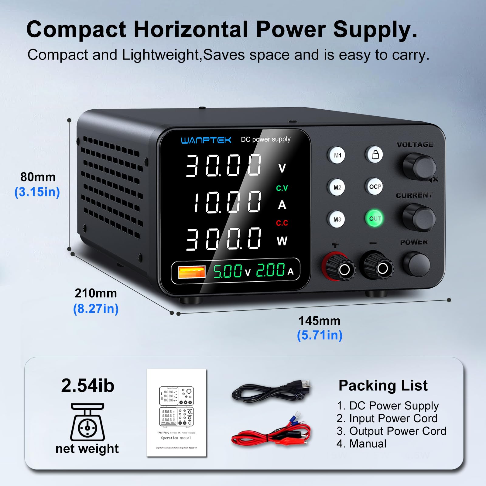 Fuente Alimentacion Regulable, Fuente Laboratorio 30V 10A Ajustable con 3 Memorias y Llave de Bloqueo, Protección OCP/Salidas/Carga Rápida USB con Pantalla