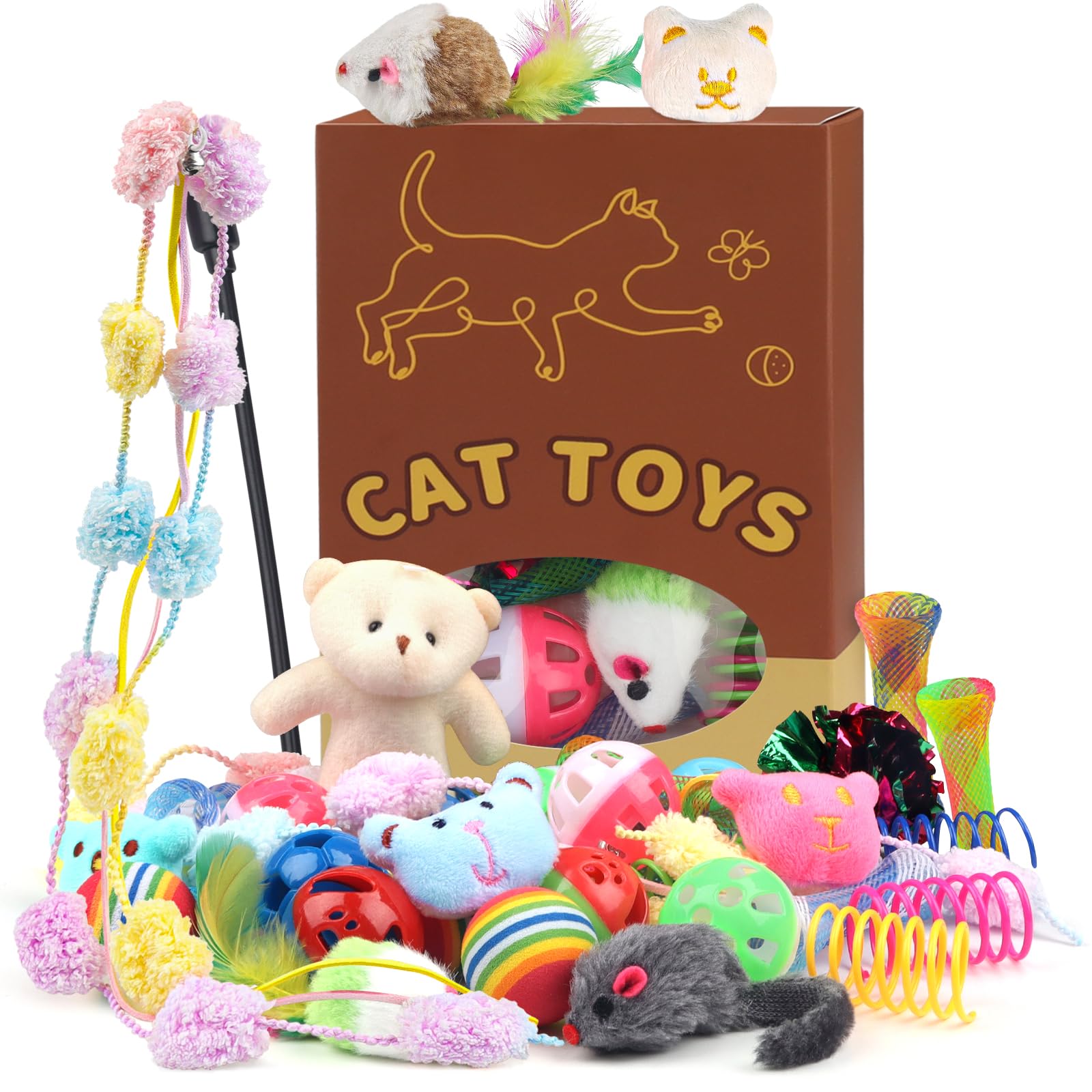 QUOZUO 30 Pcs Cat Toy Kitten Toys Set, Interactive Cat Toy Wand Cat Springs Ball Toy with Bells, Cat Toys for Bored Indoor Cats, Gift Box Styles