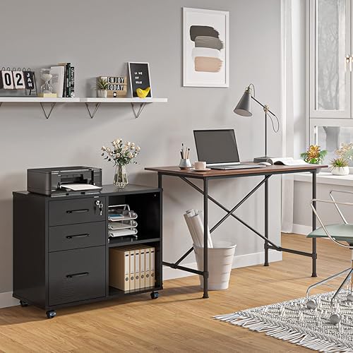 Miniatura 2 de Archivadores de oficina con 3 cajones, soporte para impresora lateral móvil con estante de almacenamiento abierto, archivador con ruedas,