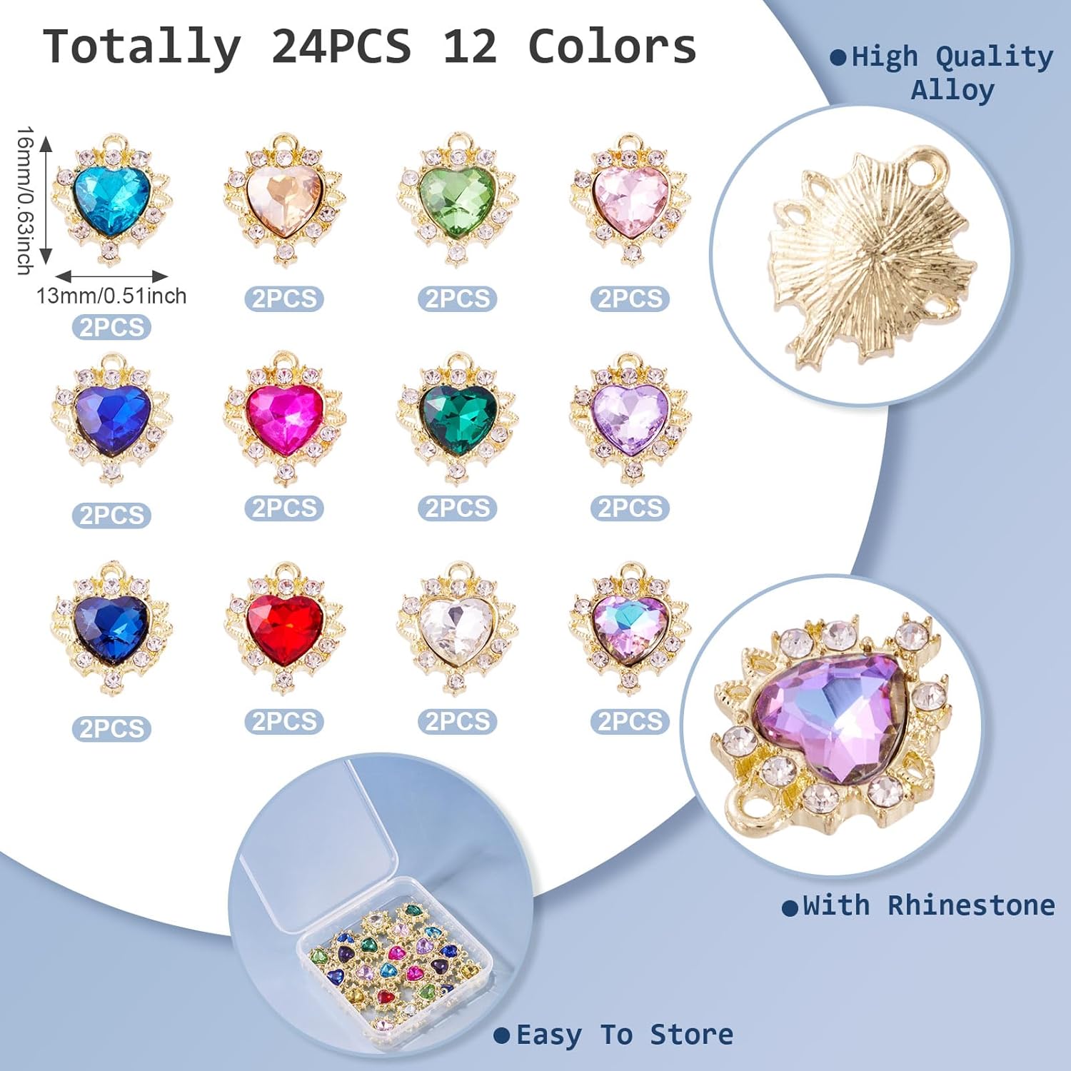 Rhinestone Heart Charms Heart Birthstone Charms Golden Alloy Cubic Zirconia Crystal Earring Pendants Charm for Jewelry Making Necklace Bracelet DIY Craft - Image 5
