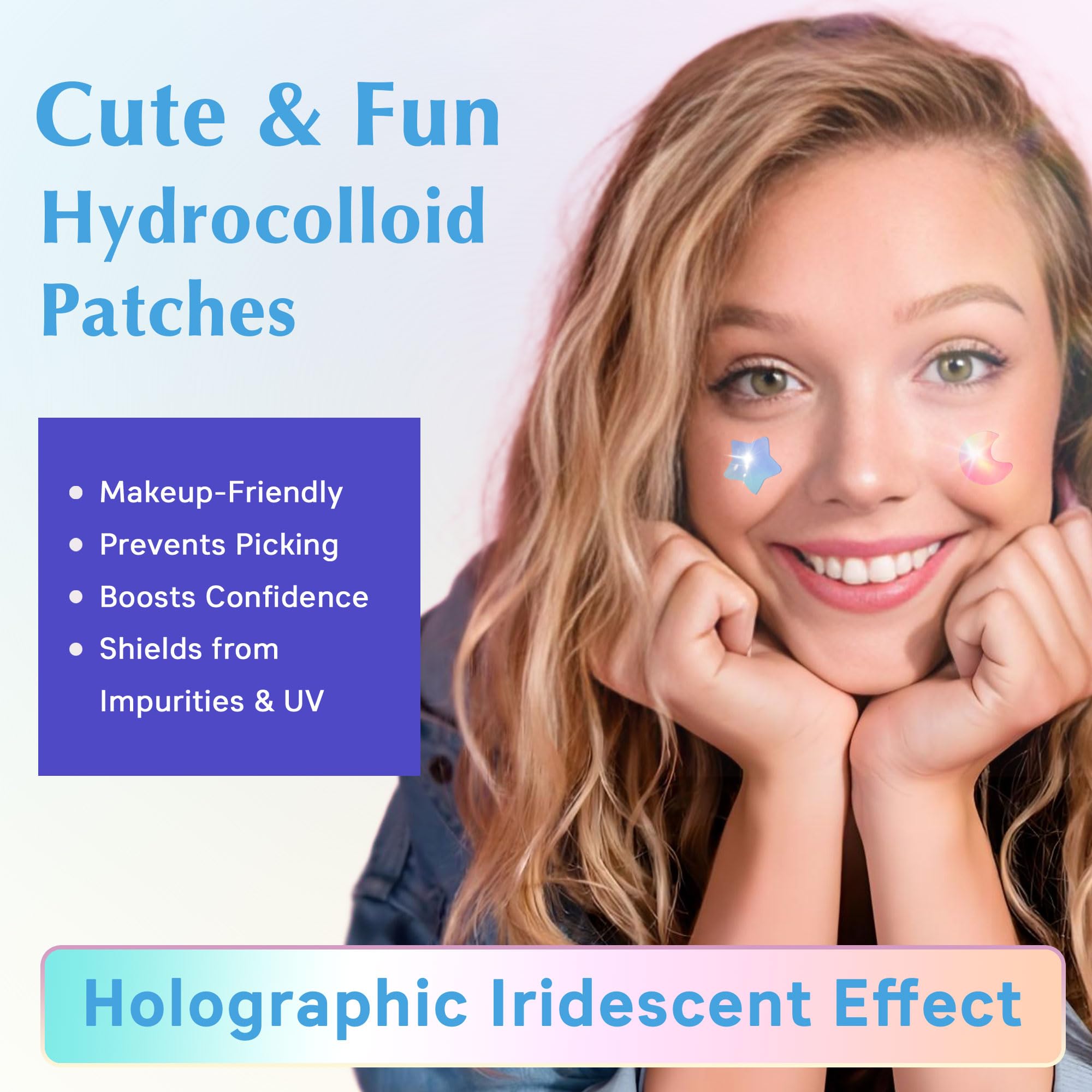 Voibon Hologram Pimple Patches for Face, Cute Hydrocolloid Acne Patches, Salicylic Acid & Tea Tree Colorful Star Spot Stickers,Zits & Blemish, Pink Moon Blue Cloud Butterfly Zit Patches 12MM(48 Count)