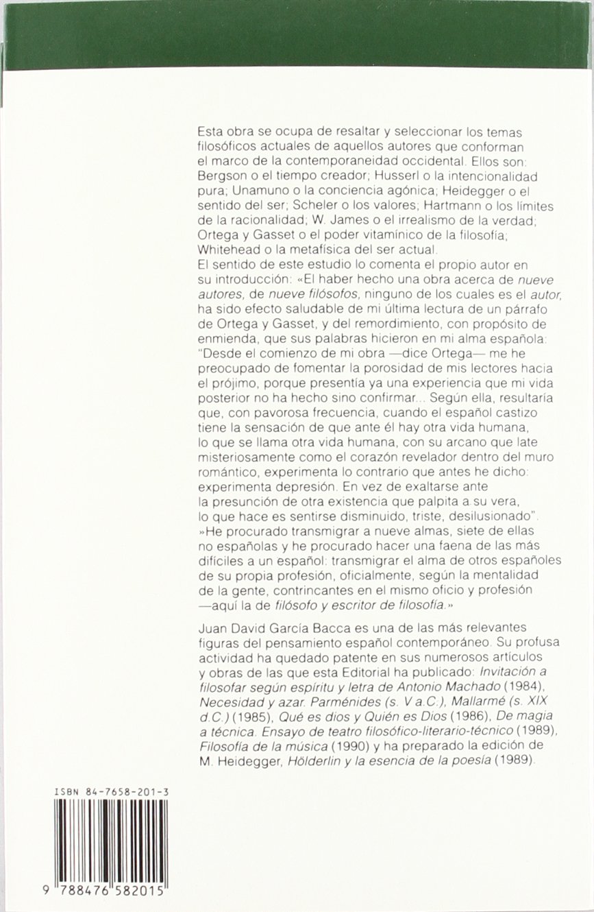Nueve grandes filósofos contemporáneos y sus temas : Bergson, Husserl, Unamuno, Heidegger, Scheler, Hartmann, W. James, Ortega y Gasset, Whitehead: 30