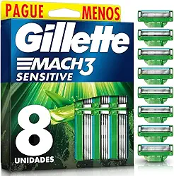 GILLETTE Mach3 Sensitive Carga para Aparelho de Barbear Reutilizável , 8 Refis com Aloe, Barbear Rente com Menos Irritação para Homens com Pele Sensível
