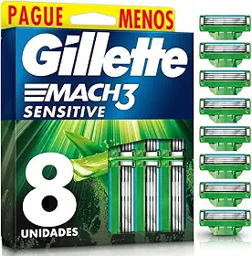 GILLETTE Mach3 Sensitive Carga para Aparelho de Barbear Reutilizável , 8 Refis com Aloe, Barbear Rente com Menos Irritação para Homens com Pele Sensível