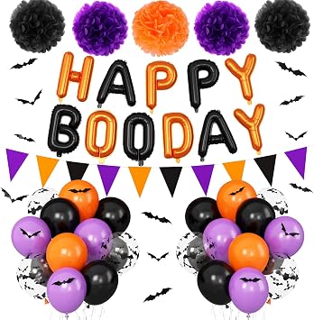 Black Orange Purple Halloween Birthday Decorations, Orange Black Happy Booday Foil Balloons Bat Print Purple Balloons, Triangle Banner Paper Pompom 3D Bat Wall Dec for Halloween Theme Birthday Party