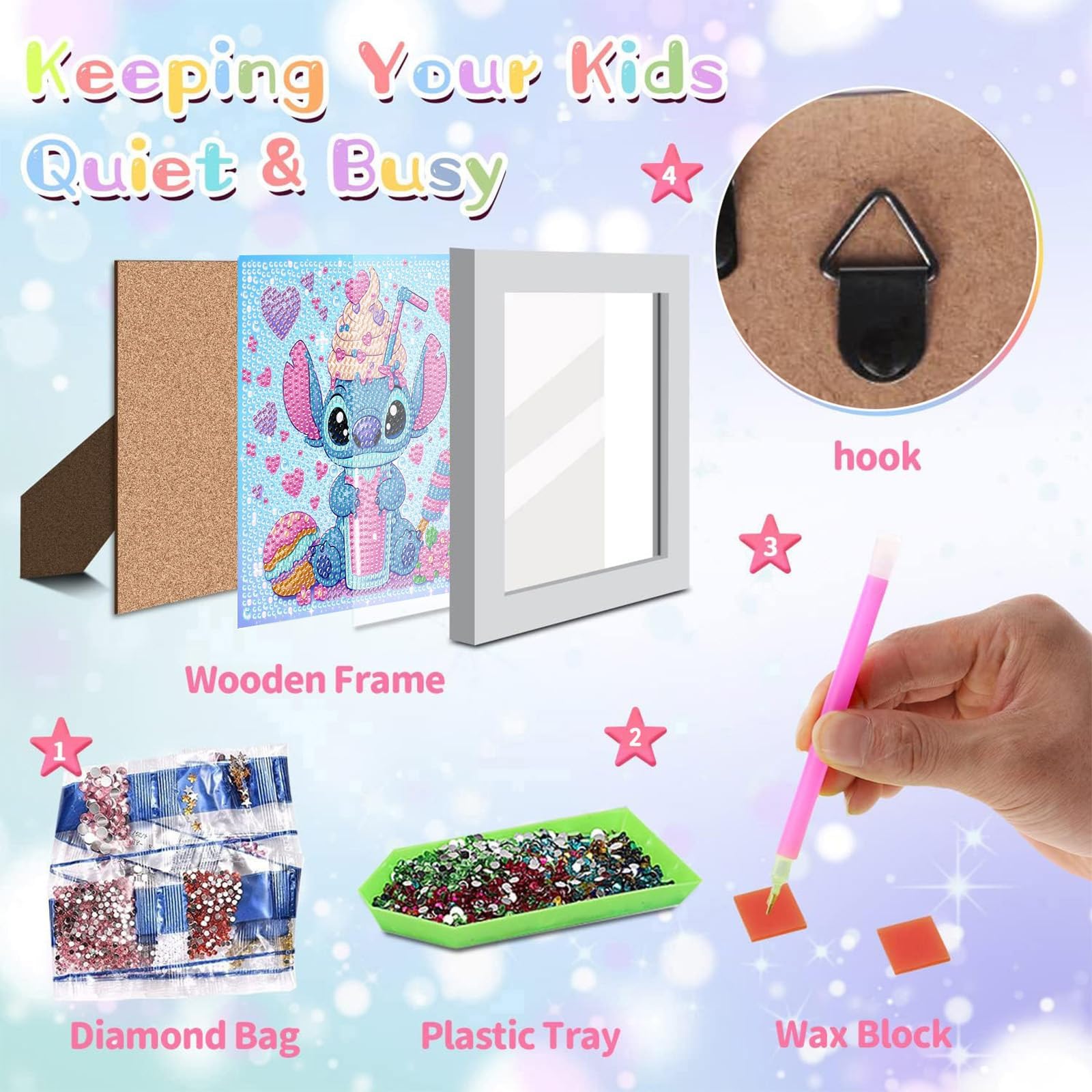 Stitch Diamond Painting Enfant, 5D DIY Broderie Diamant Kit Complet avec Cadre en Bois, Peinture Diamant pour Enfants Filles Adultes Diamant Painting Arts Craft pour Décoration Murale（15x15cm）