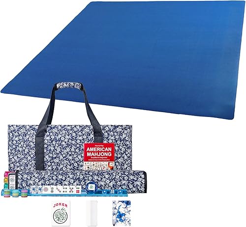 American Mahjong - Juego de 166 azulejos acrílicos de alta calidad con estampados azules, tapete de Mahjong, tapete de mesa Mahjong con bolsa de