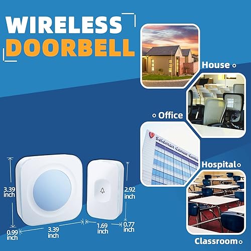 Miniatura 8 de Timbre inalámbrico de puerta de 1200 pies para el hogar con luz intermitente para discapacidad auditiva, 1 botón de batería y 3 receptores