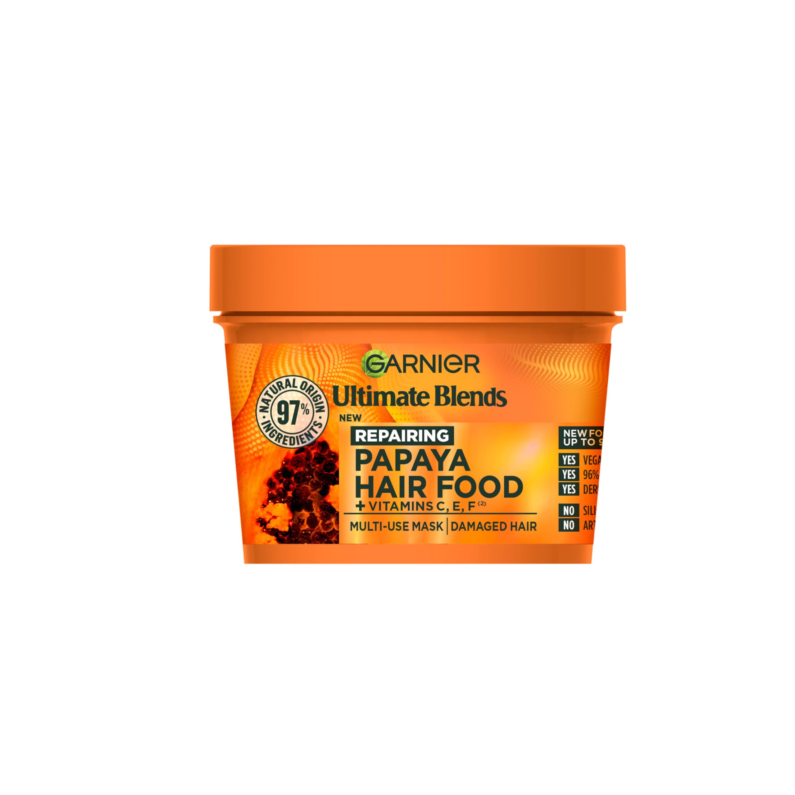 Garnier Ultimate Blends Papaya Hair Food Multi-Use Mask, For damaged hair, Boosted with Vitamins C, E, F, 400ml, 97% Natural Origin Ingredients, No Silicone for a natural feel, Vegan Formula