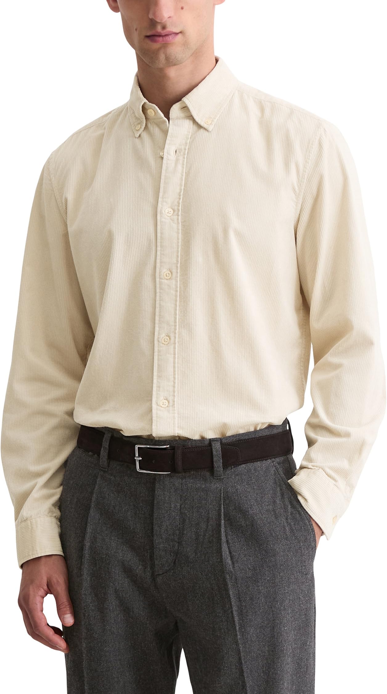 Marc OߴPolo Men’s Corduroy Shirt with Button Down Collar, Beige (Gray Silk), S