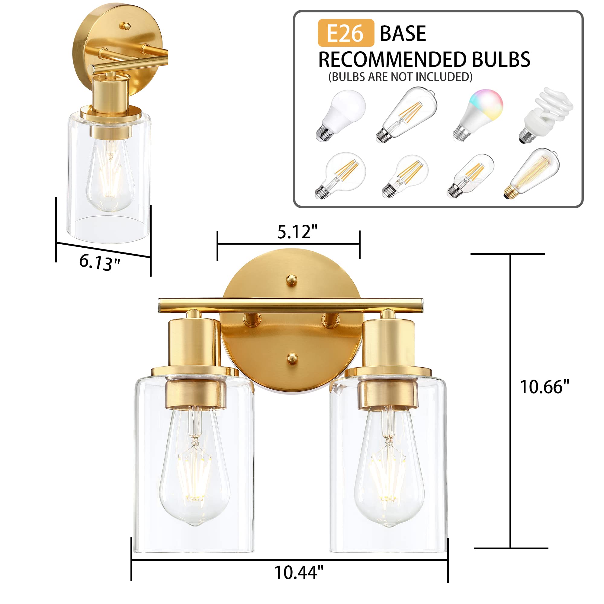 Bathroom Vanity Light Fixtures, 2-Light Vanity Light with Clear Glass Shades, Gold Vanity Lights for Bathroom, Bathroom Lights over mirror Wall Sconces for Mirror Living Room Bedroom Hallway