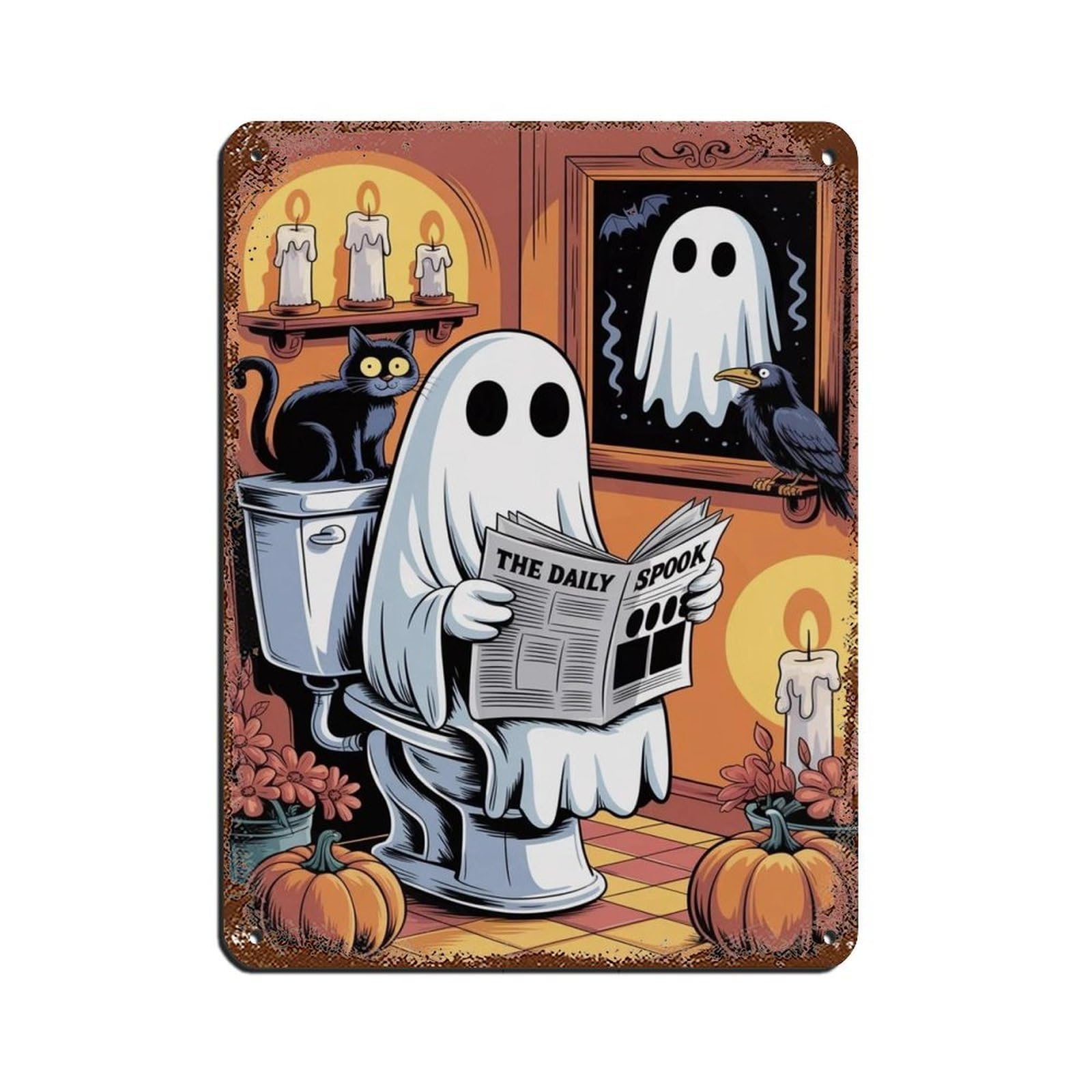Ghost Reading A Newspaper on Toilet Poster (5) Tin Sign Vintage Metal Pub Club Cafe Bar Home Wall Art Decoration Poster Retro 12x16inch(30x40cm)