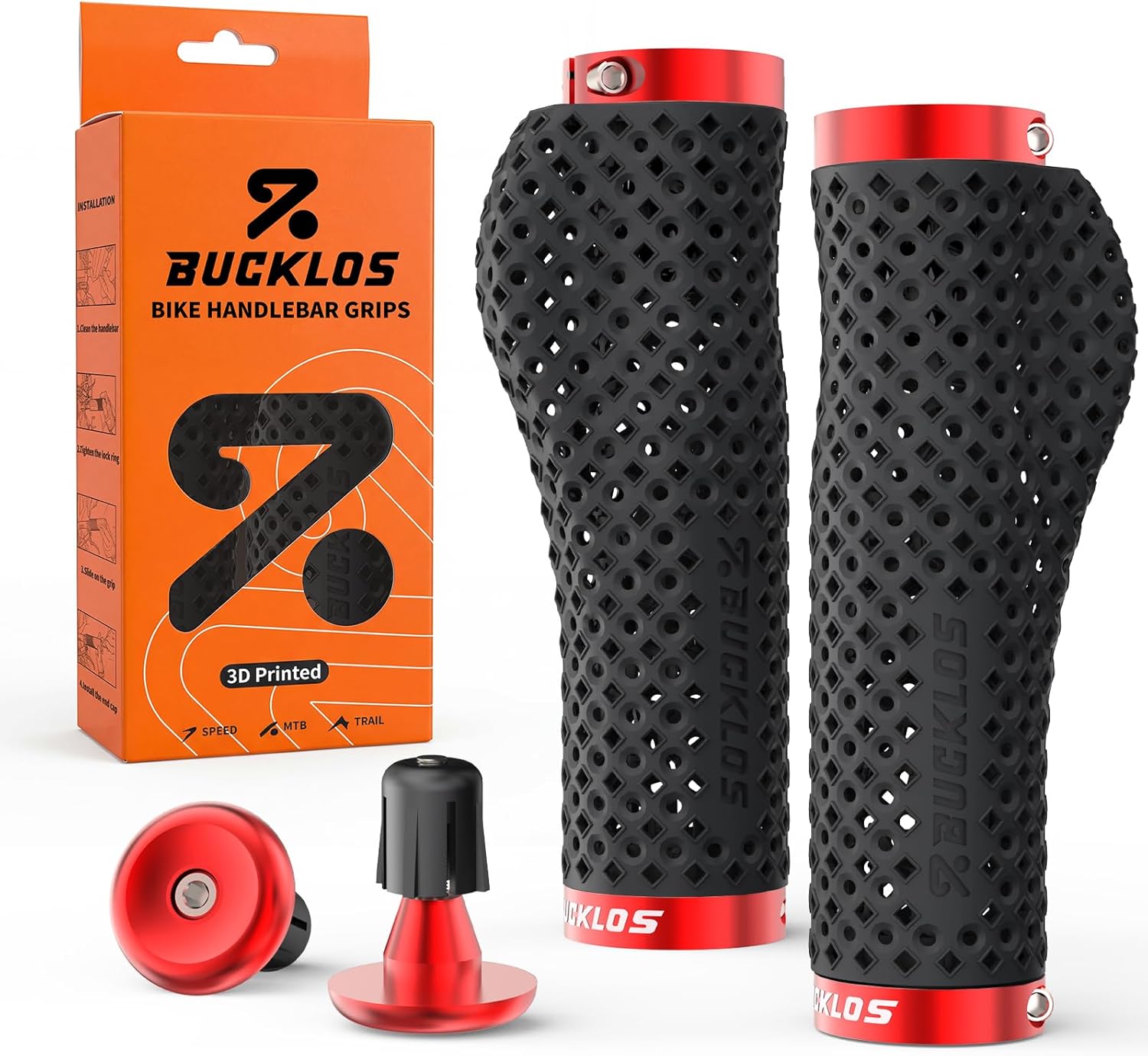 BUCKLOS GR800 GR820 3D Printed Bike Handlebar Grips, Double Lock-on MTB Grips with Aluminum End Plugs, TPU Non-Slip Waterproof Bicycle Handle Bar Grips for Mountain Bike, BMX, Scooter, Folding Bike