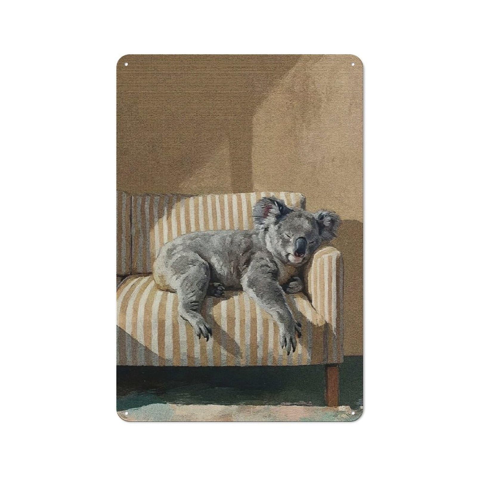 Junmoney Style-15 Sleeping Koala On Striped Couch Vintage Metal Wall Decor 30X20cm, Tin Wall Sign For Restaurant, Kitchen, Counter Or Breakfast Nook