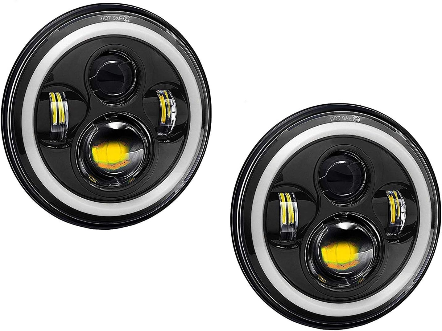 M7IRH2P 7 inch Round LED Headlight with Hi/Low Beam, White Halo Angel Eye Ring for Harley Davidson Motorcycle Jeep (75W)