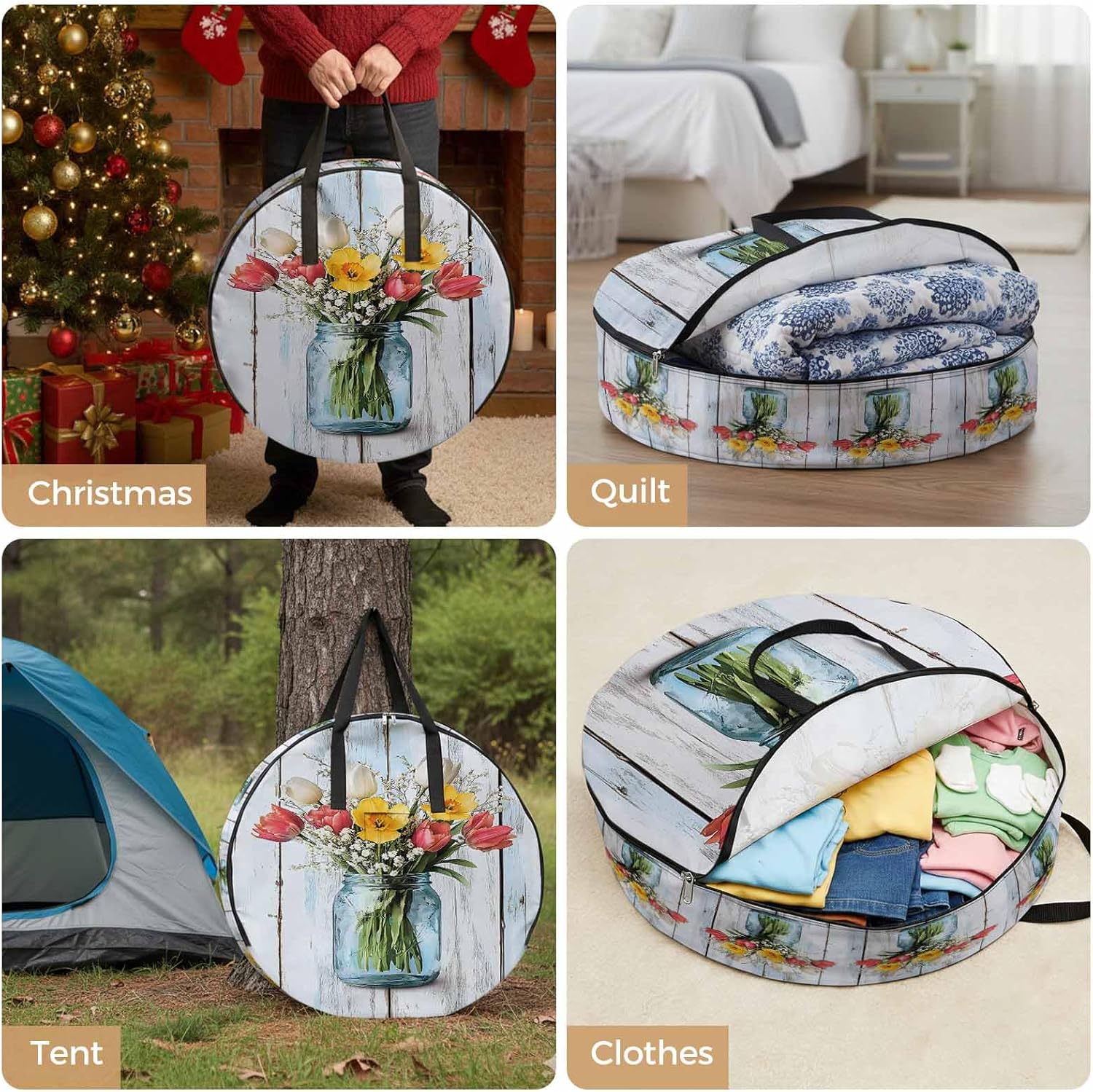 Spring Tulip Vase Round Storage Bag 36 Inch, Country Yellow White Red Flower Green Leaf Wood Grain Clothes Storage Container with Handles Heavy Duty Organizer for Comforter, Bedding & Holiday Wreaths