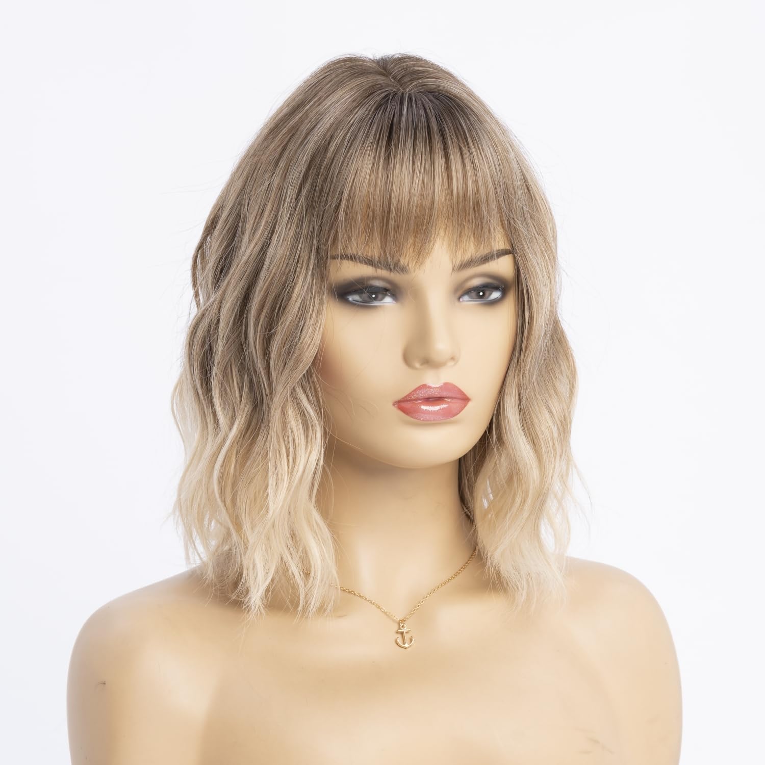 SIMKAYLEE Kurze Perücke Wellig Blond Ombre mit Stirnfransen | Schulterlang, Bob-Stil mit Pony, Für Alltag Party Karneval Fasching , 30cm