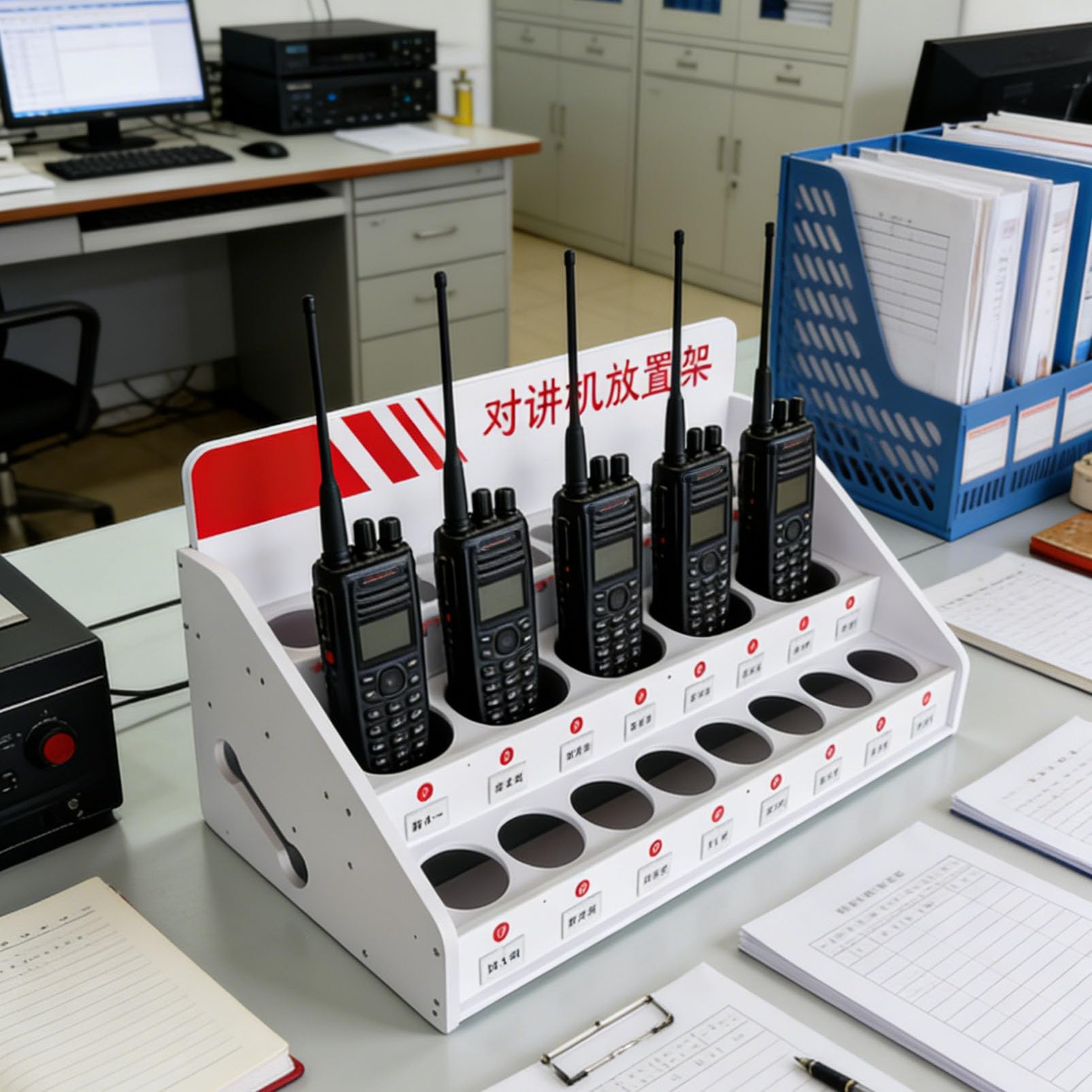 Soporte Resistente para Walkie Talkie, Organizador Universal de Escritorio para Radios Bidireccionales, Estante Multiranurado, Base de Carga Portátil para Seguridad, Construcción, Hotel, Almacén