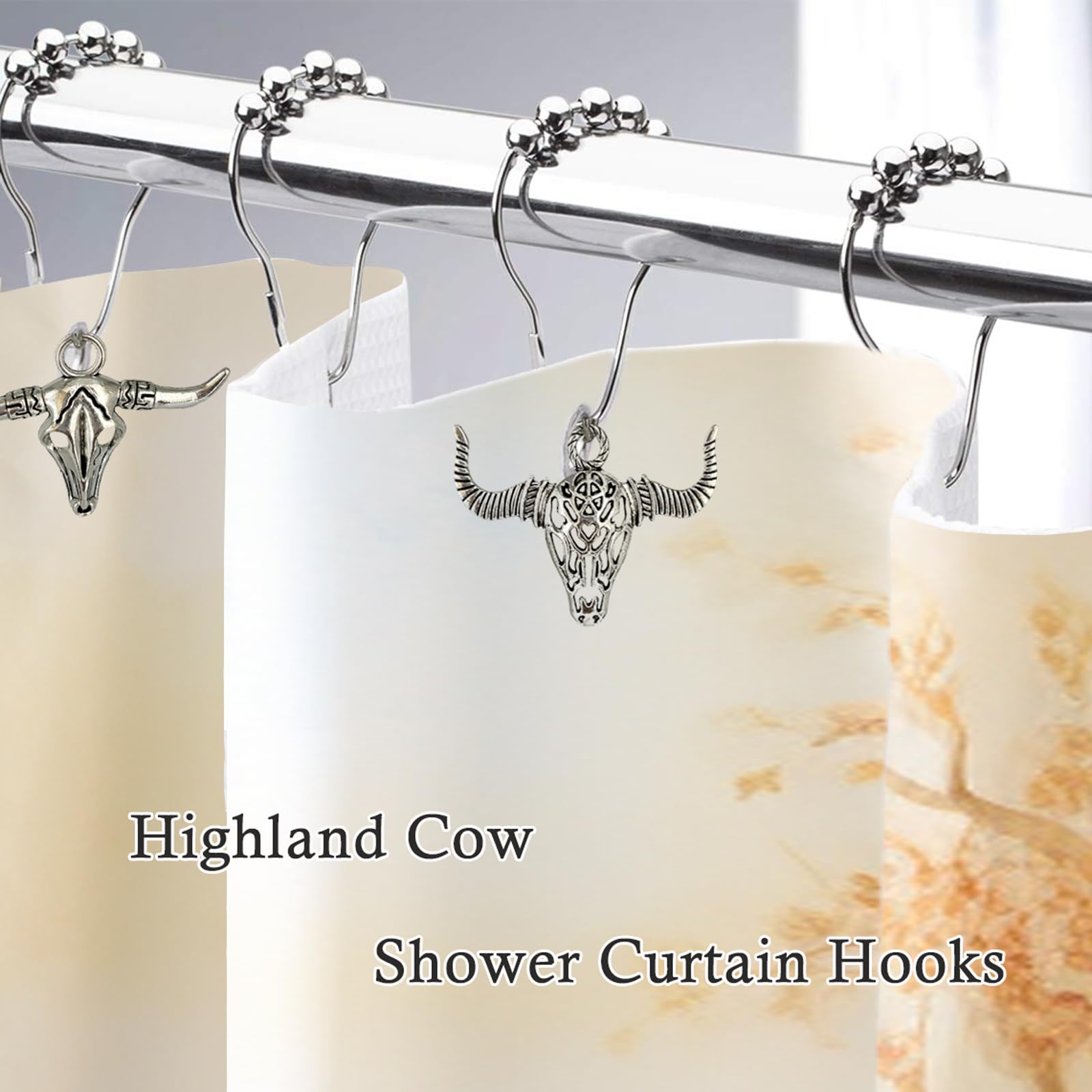 Cow Shower Curtain Hooks, Western Cowboy Shower Curtain Hooks Rings Highland Cow Bathroom Decor Metal Silvery Farmhouse Rustic Farm Decorative Shower Curtain Hooks