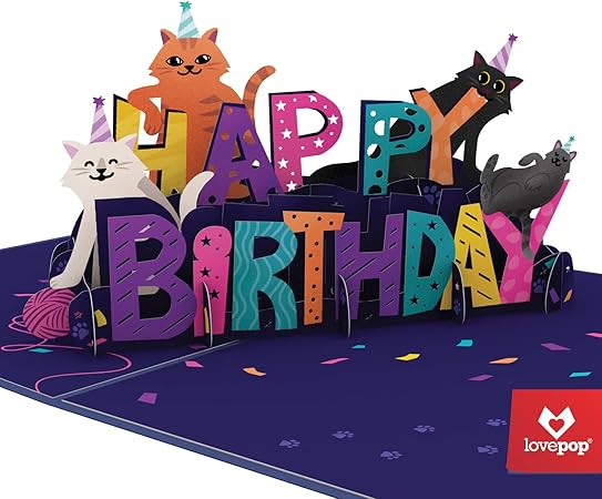 Amazon Lovepop ハッピーバースデー 猫カード 5x7 面白い3dポップアップグリーティングカード 3d動物カード 子供向け誕生日カード お祝いカード 誕生日パーティーカード グリーティングカード 文房具 オフィス用品