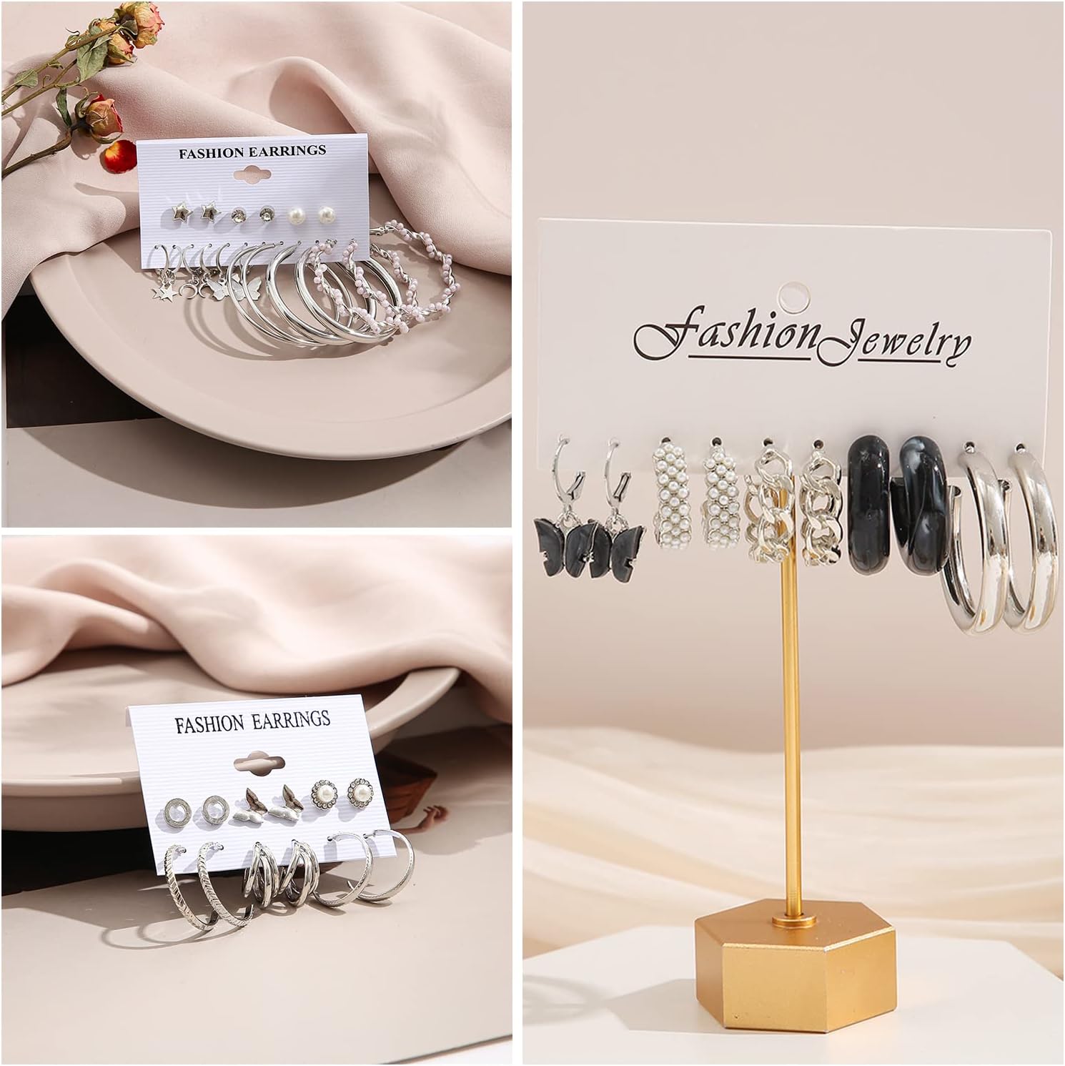 37 Pairs Silver Hoop Earrings Set for Women Multipack Fashion Drop Dangle Earring Packs Pearl Studs Butterfly Earrings Hypoallergenic Chunky Hoops Jewelry for Valentine's Day Gifts - Image 4