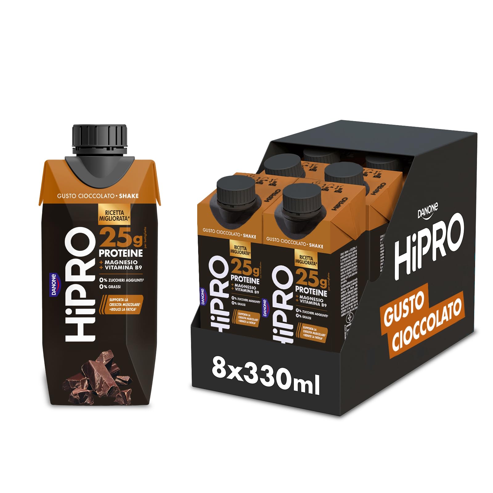 HiPRO Drink 25g di PROTEINE, Bevanda Proteica al gusto Cioccolato,Senza Lattosio, Senza Grassi e Zuccheri Aggiunti (8 confezioni x 330ml)
