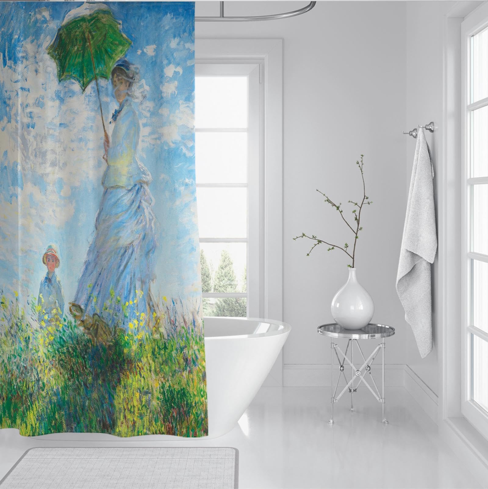 Mujer Sostiene Sombrilla Verde Conjunto de Cortina de Ducha de Tela Estampada con Ganchos Azul Cielo Campo de Flores Silvestres Cortinas de Bañera Impermeables Portátil 200Bx240Lcm