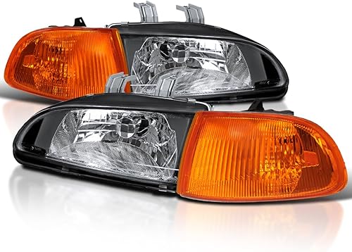 SPEC-D TUNING Faros delanteros negros + luces de esquina ámbar compatibles con Honda Civic 2/3Dr EG Coupe Hatchback L+R Par de faros delanteros