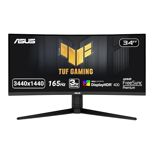 ASUS TUF 34 Inch Curved Gaming Monitor - WQHD (3440x1440), 165Hz, 1ms, Extreme Low Motion Blur, FreeSync Premium, Eye Care, Height Adjustable, DisplayHDR 400, DisplayPort, HDMI, USB - VG34VQL1B - 34" Curved QHD 165Hz Height Adjustable